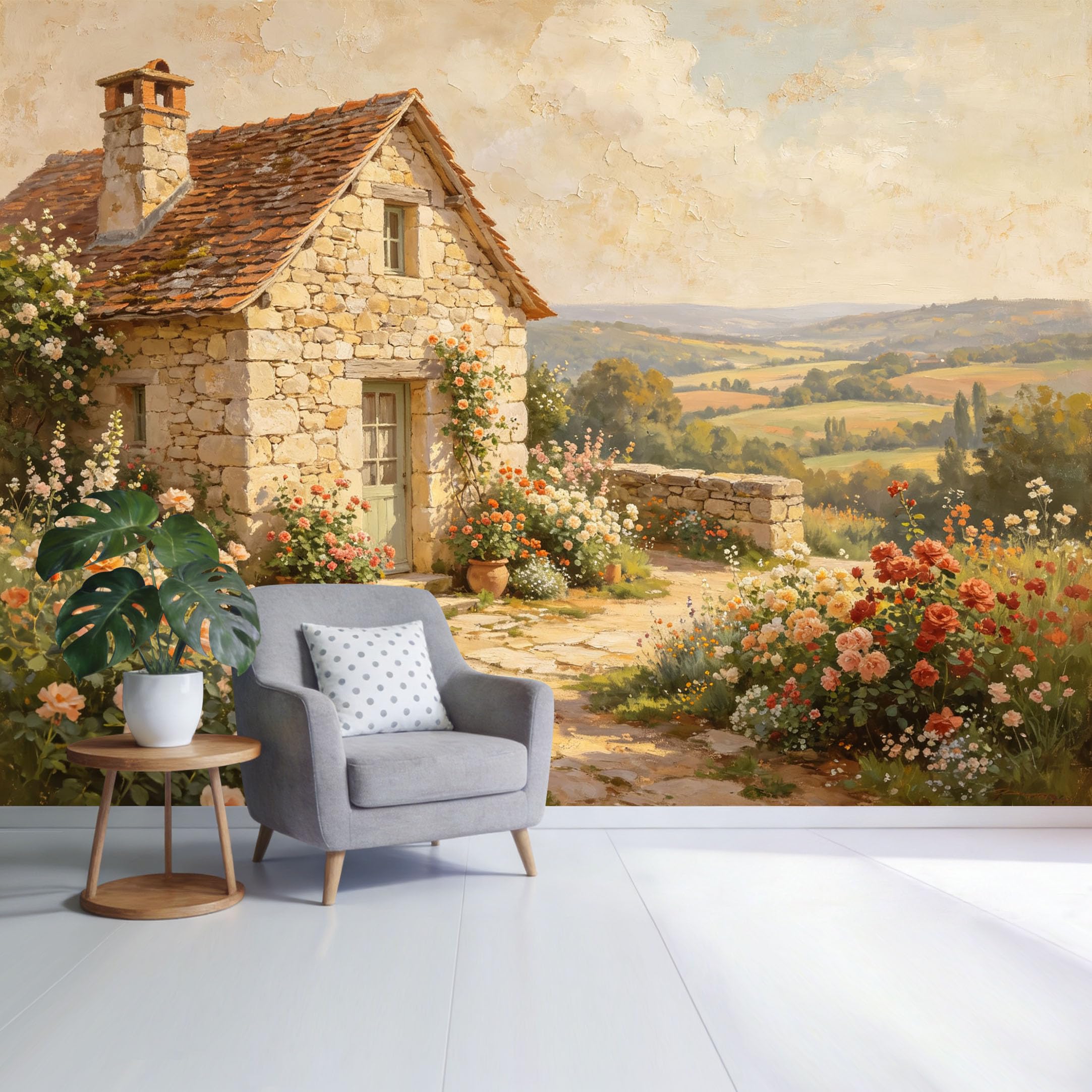 Custom Size Wall Mural Countryside Stone Cottage Garden Landscape Flowers Oil Painting Style SelfAdhesive Wall Fabric Removable Wallpaper for Home Office Decor