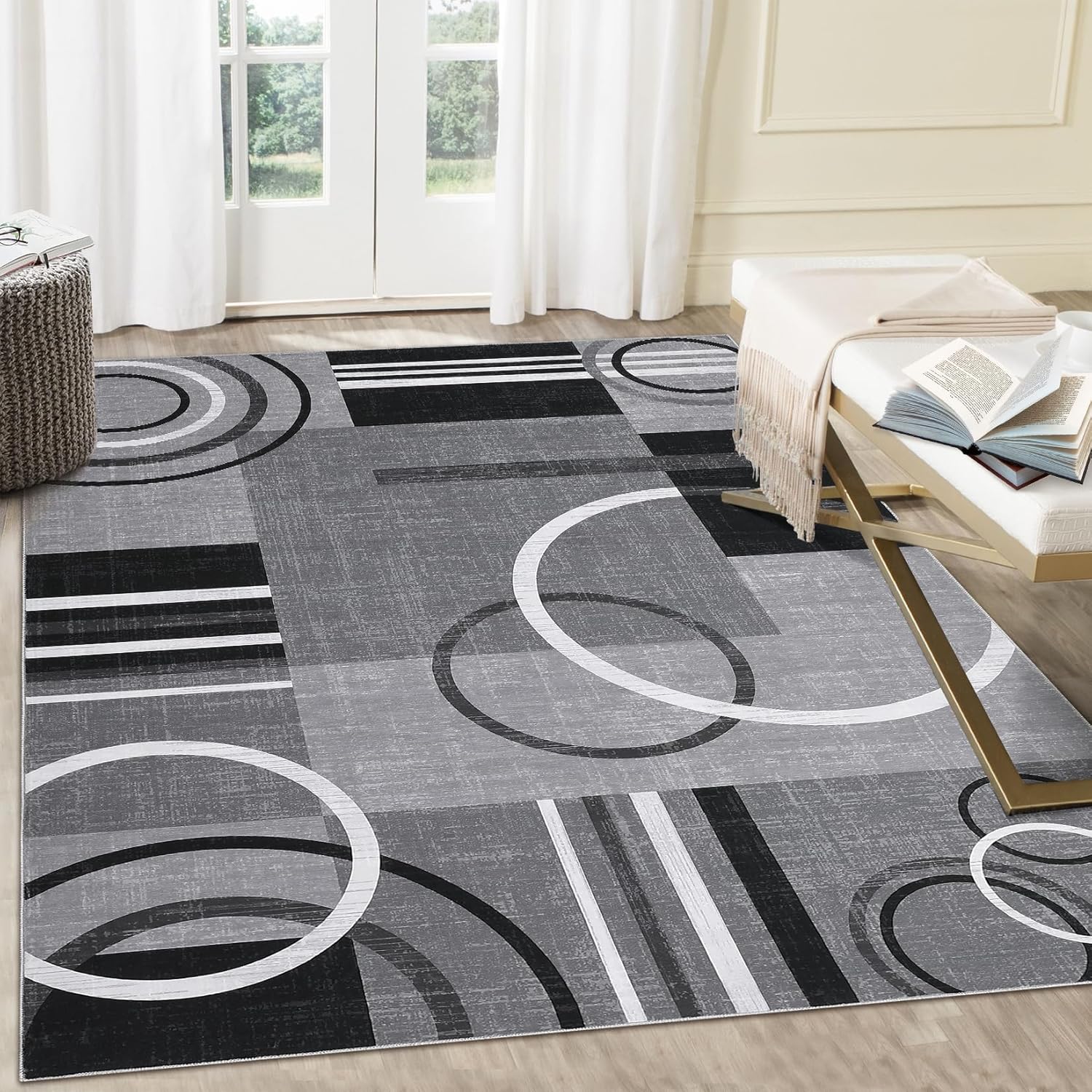 RUGSREAL 9x12 Washable Abstract Circles Rug - Contemporary Modern Area Accent Rug, Stain Resistant, Low Pile Throw Carpet for Bedroom Living Room, Grey