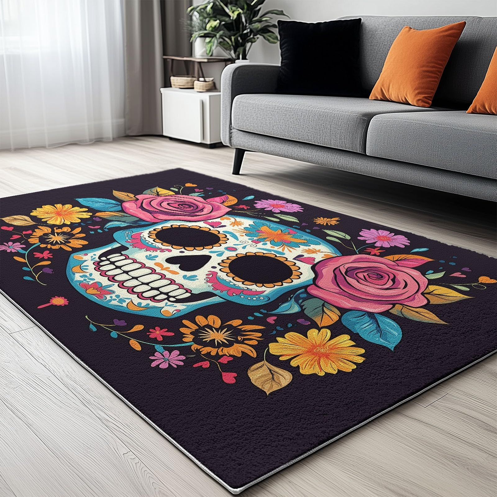 Tapis antidérapant salon noir 80 x 150 cm chambre tête de mort