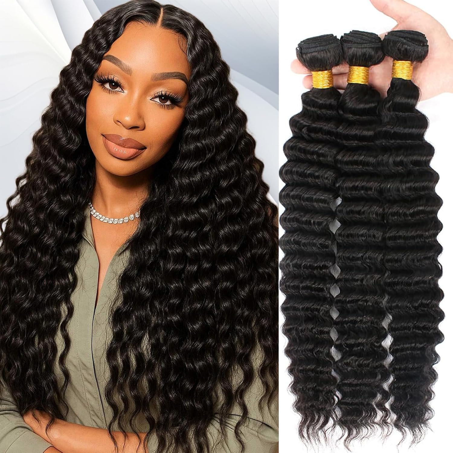 16A Deep Wave Bundles Human Hair 10" 12" 14" 300g 100% Real Human Hair 3X Longer Lifespan 100% Unprocessed Brazilian Virgin Hair Pineapple Deep Wave Human Hair Weave Bundles Natural Color