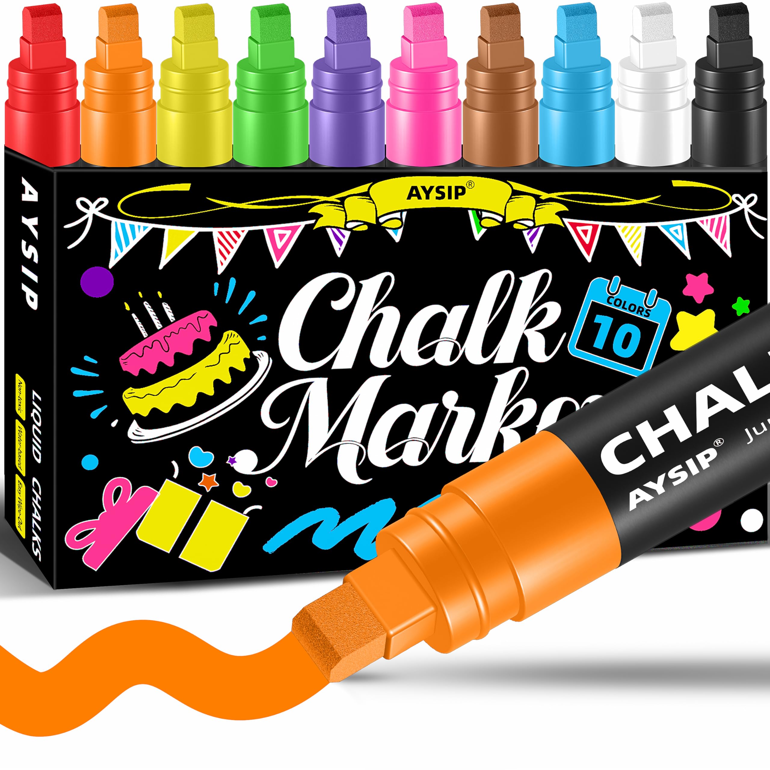 Photo 1 of AYSIP Window Chalk Markers for Blackboard?10 Colors Washable Glass Jumbo Liquid Chalk Marker with 10mm 3 in 1 Nib Thick Wide Tips, Big Chalkboard Markers, Car Paint Pen Auto, Mirror, Bistro, Poster