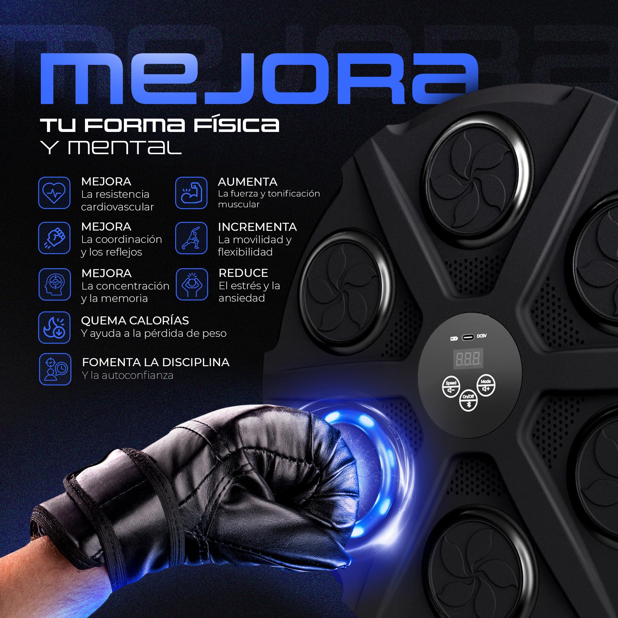 Ezero Maquina de Boxeo Musical Adulto con Bluetooth y LED – Entrenamiento de Boxeo Pared Musical con 12 Niveles y Cintas – Mejora Reflejos y Resistencia – Ideal para Casa, Principiantes y Avanzados