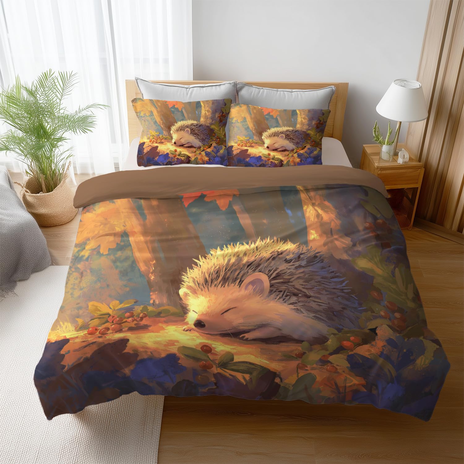 Super King zestaw pościeli premium z mikrofibry 135 x 200 cm, mandarynkowa pomarańczowa, ultrasoft, hipoalergiczna, dwustronna, 3-częściowy zestaw pościeli, zwierzęta jeż, jesienny las, poszewka na
