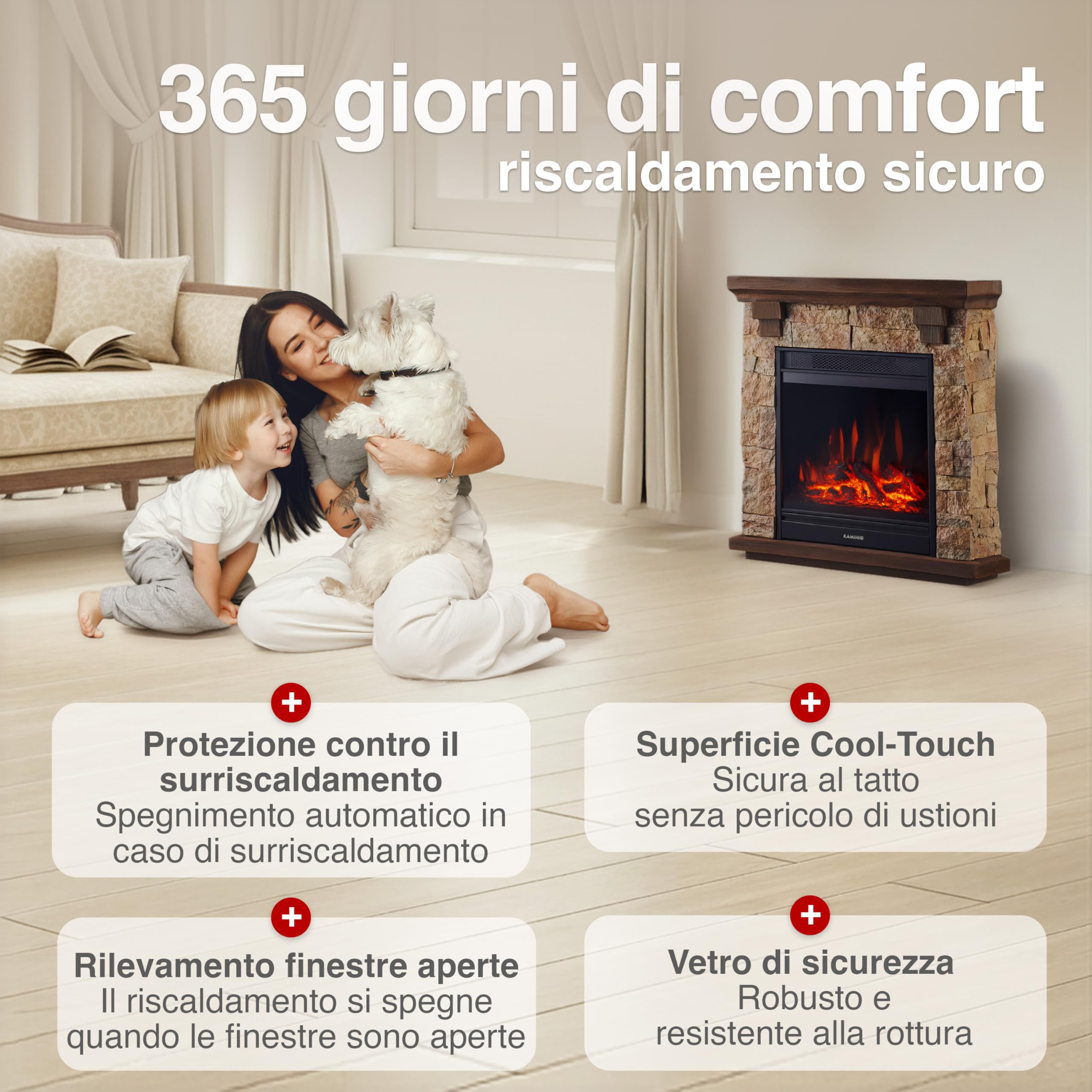 KAMINIO Camino elettrico Juan - Caminetto elettrico a pavimento in effetto pietra con riscaldamento, effetto fiamma 3D, telecomando (Beige)