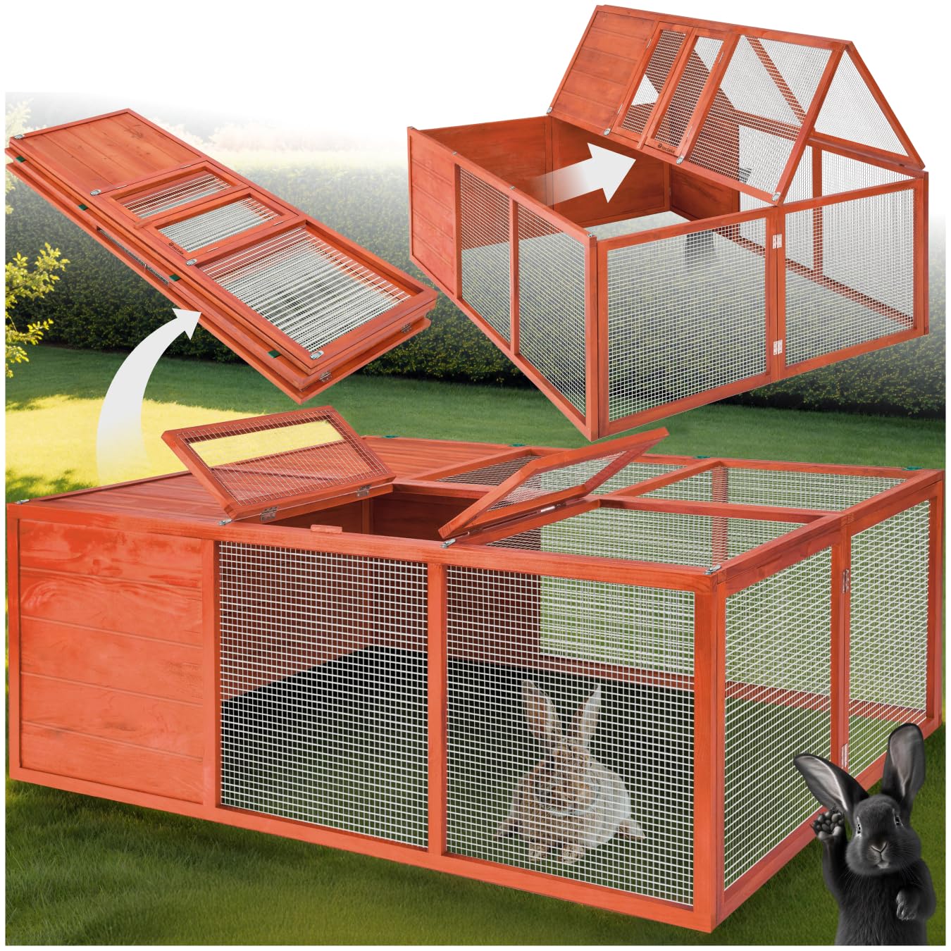 tectake® Jaula Conejo Exterior Plegable, Jaulas para Conejos con Techo Abierto y Malla Fina, Conejera Exterior en Madera Lacada, Jaula Cobaya, Casa Conejo, Casa para Conejos - 103 x 150 x 53 cm