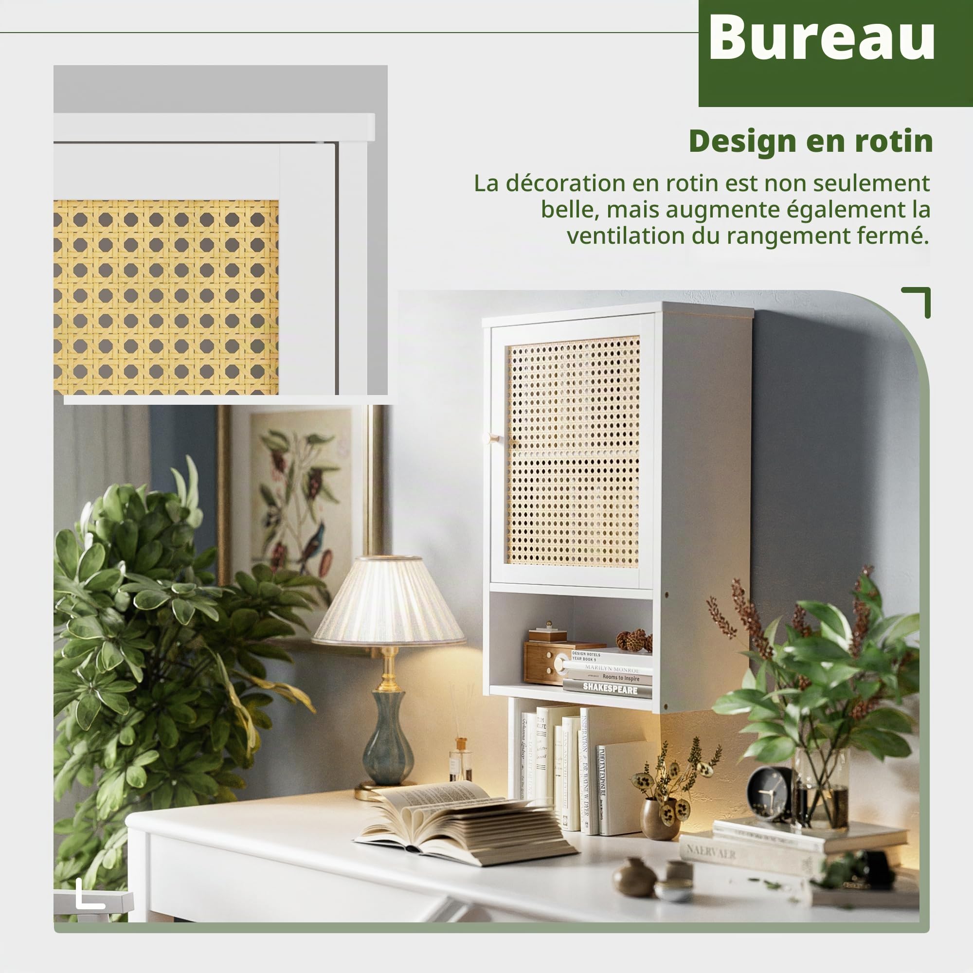 Armoire Murale de Salle de Bain en Bambou avec Portes en rotin et étagère réglable, Armoire à Pharmacie économiseur d'espace pour Linge, Cuisine, Salon (Blanc)