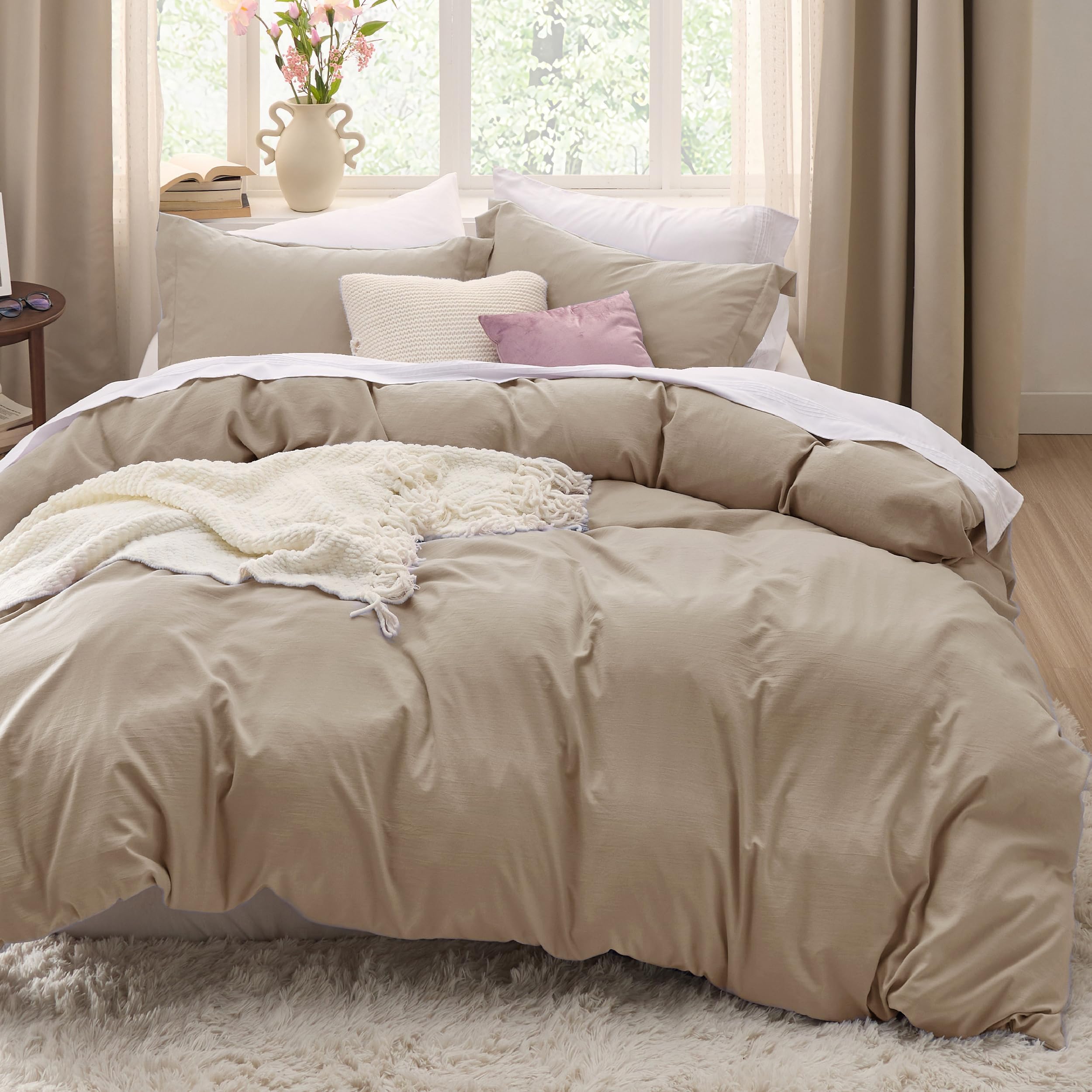 Bedsure Light Brown Duvet Cover Queen Size - 3 Pieces Prewashed Cotton-Like Extra Soft Bedding Set, Includes 1 Duvet Cover 90x90 Inches with Zipper Closure & 2 Pillow Shams, Comforter Not Included