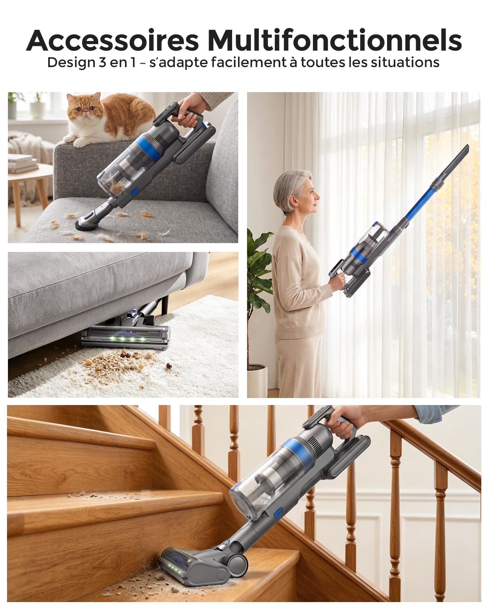 Aspirateur Balai sans Fil, 50Kpa/60Min Léger Aspirateur sans Fil, Auto-Stable, Brosse Anti-enchevêtrement, Écran LED Intelligent, pour Poils d'animaux, sols durs et Tapis,Bleu