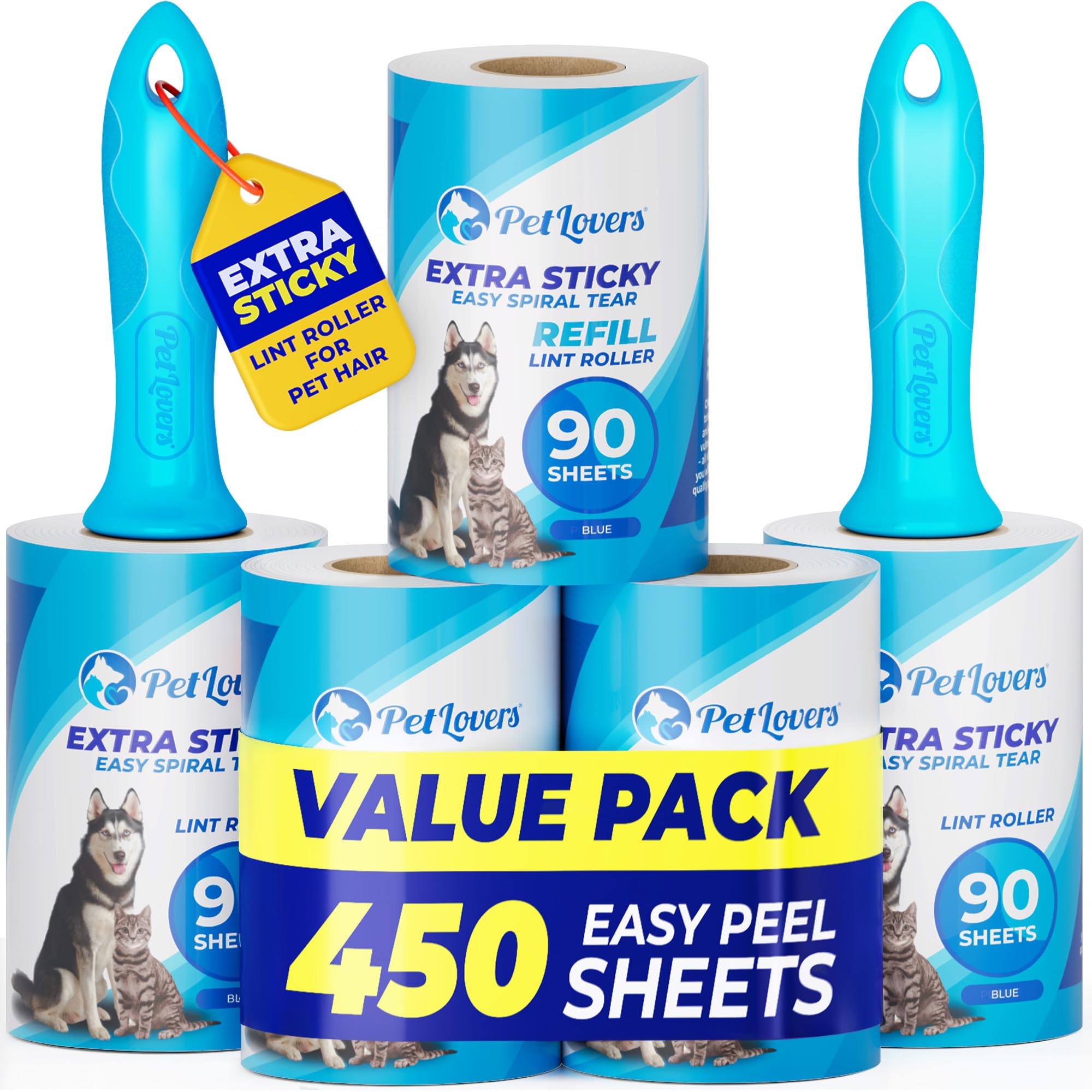 PetLovers Extra stark haftende Fusselrolle Mega-Vorteilsset mit 450 Blättern zum Entfernen von Tierhaaren und Fusseln von Kleidung, Hunde- und Katzenfusselentferner, 5er-Pack Hellblau