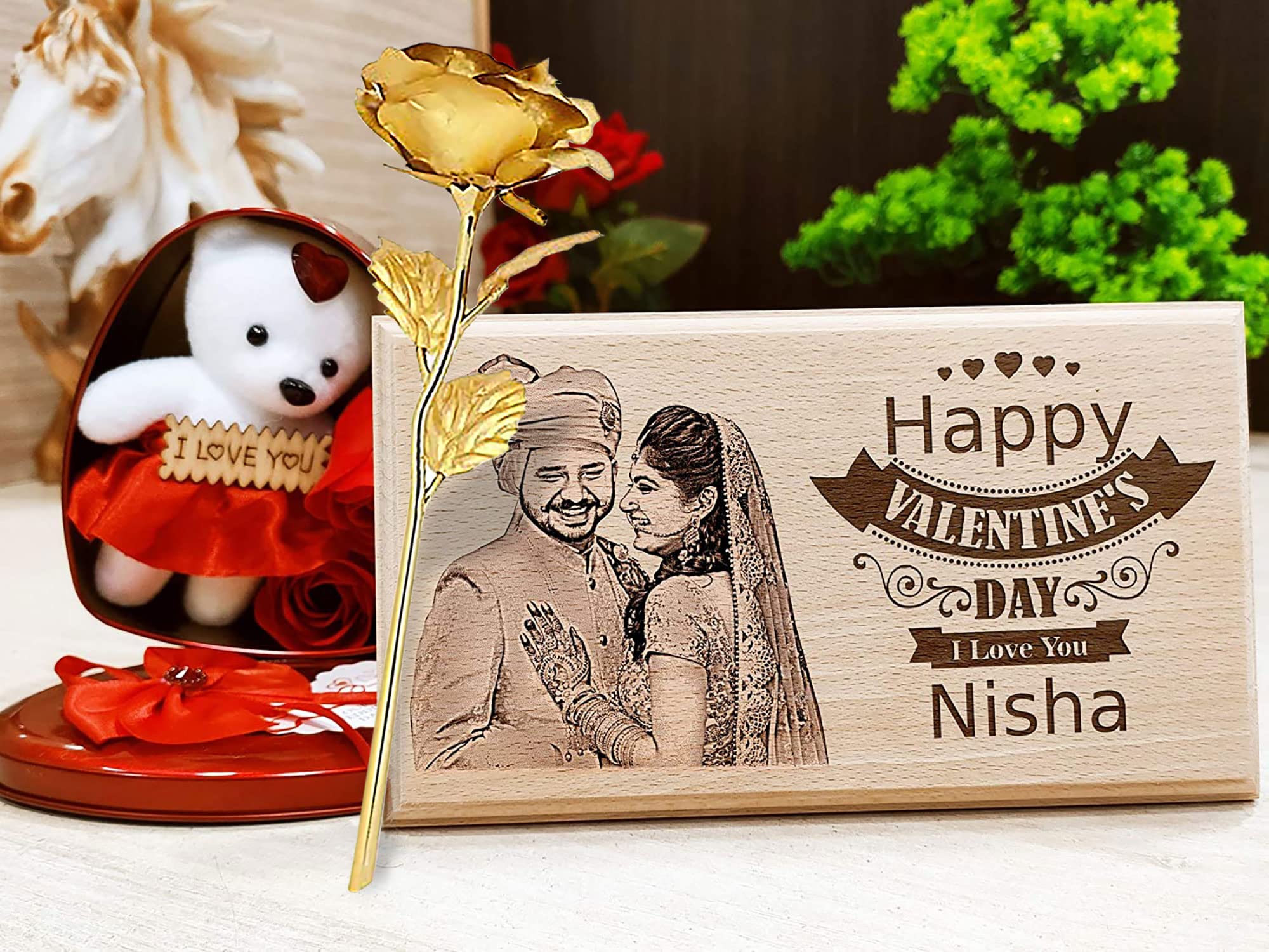 GFTBX Personalized Vday Combo for Husband Special or Wife or Couples (Wood-7x5 Inches, Teddy, Gold Rose-10 Inches)