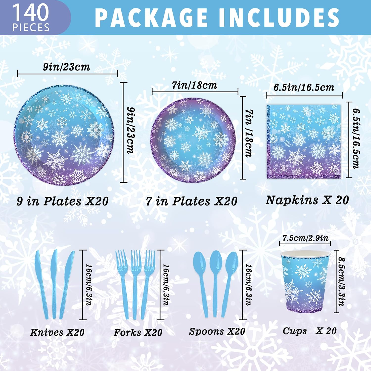 140Pcs Winter Party Decorations Snowflake Plates and Napkins Blue and Purple Snowflake Winter Party Supplies Tableware Set for Christmas Winter Birthday New Year Party Decorations, Serve 20 Guest - Image 2