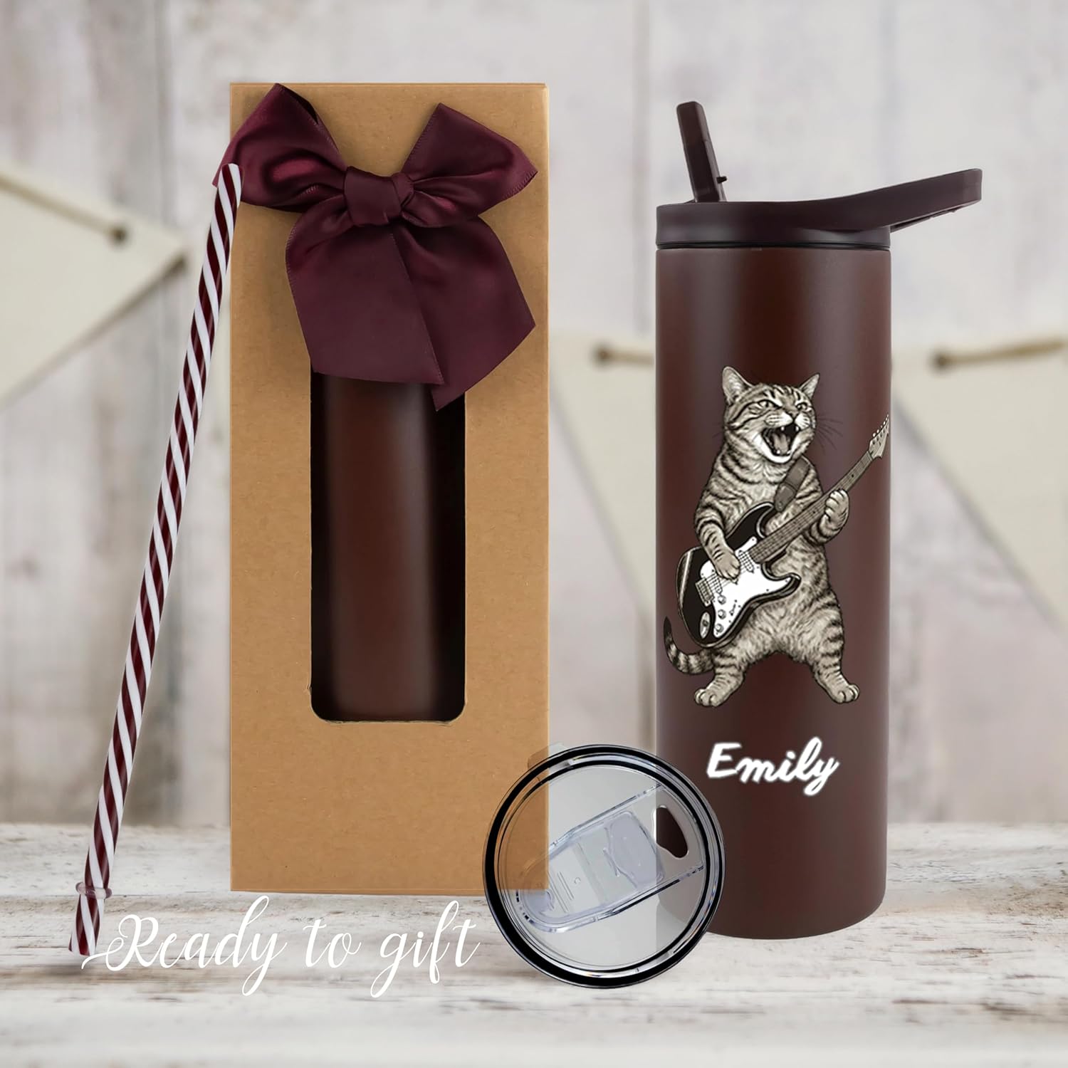Personalized Cat Playing Guitar Tumbler 20 oz – Custom Name Rock Cat Skinny Tumbler with Dual Lid and Straw – Music Lover Gifts for Women Men – Insulated Stainless Steel Music Tumbler – Gift Ready