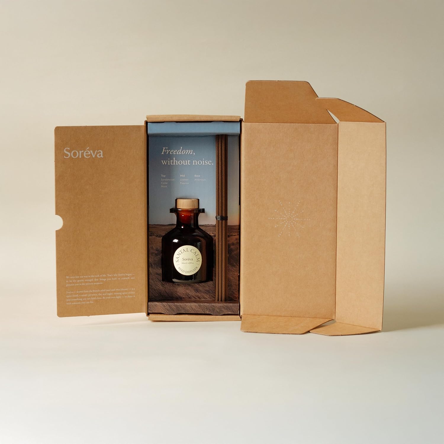 Soréva Mindful Reed Diffuser Set, Premium Plant-Based Oil, Calm Sandalwood & Warm Cedar & Musk, Aromatherapy Home Fragrance, Alcohol Free, Bedroom & Office, Luxury Gift Set, 7 Sticks, 4.39 fl oz - Image 2