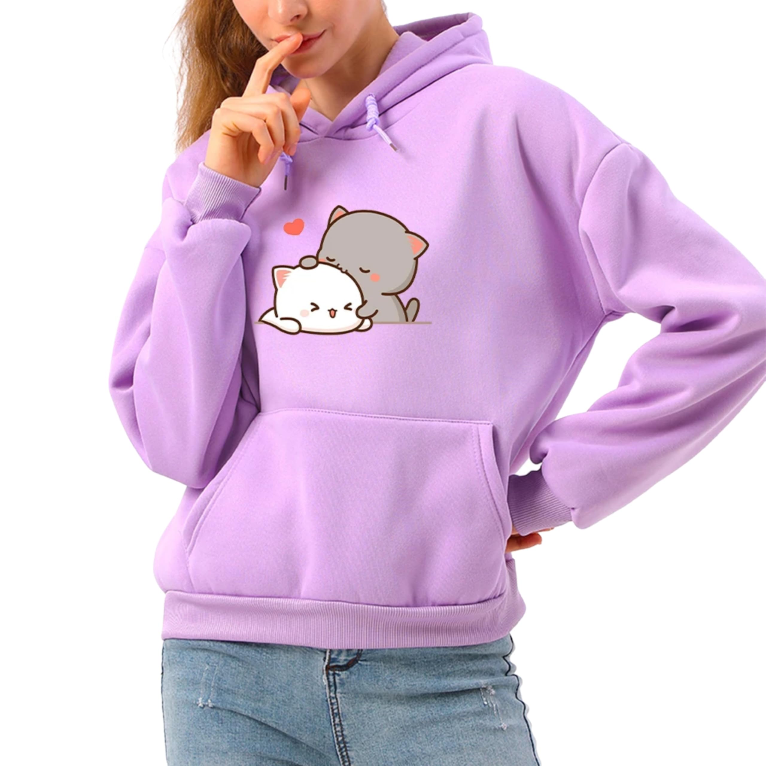 Cat Printed Hooded Sweatshirt Hoody Full Sleeve Regular Fit Fleece Hoodie for Women-picture-54