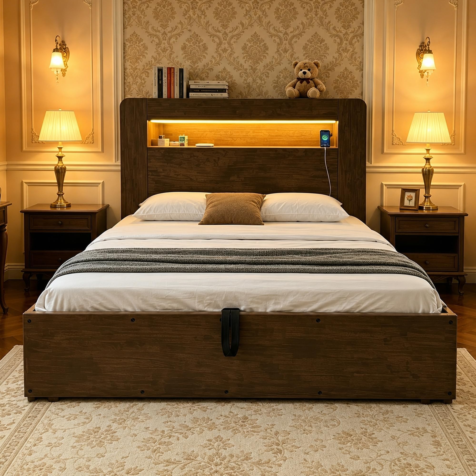 Camas Juveniles Cama 140x200 cm con Enchufe y USB, Camas Matrimoniales con LED y Cabecero de Almacenaje, Cama Doble con Almacenamiento Hidráulico, Somier de Madera, Sin Colchón, Madera Vintage