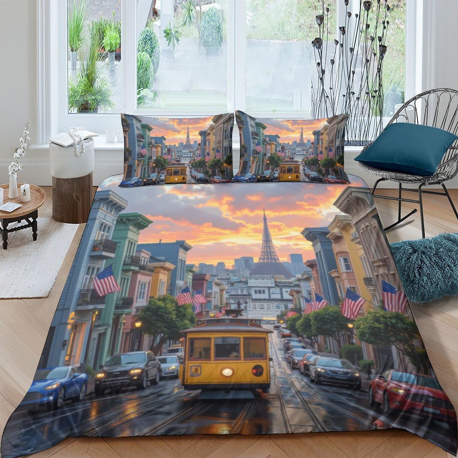 Ctjqhvkz Style-4 3D Printed San Francisco Cityscape Fitted Sheet Microfiber Soft Breathable Sunset Tram Mattress Cover For Bedroom Decor Single（135X200cm）
