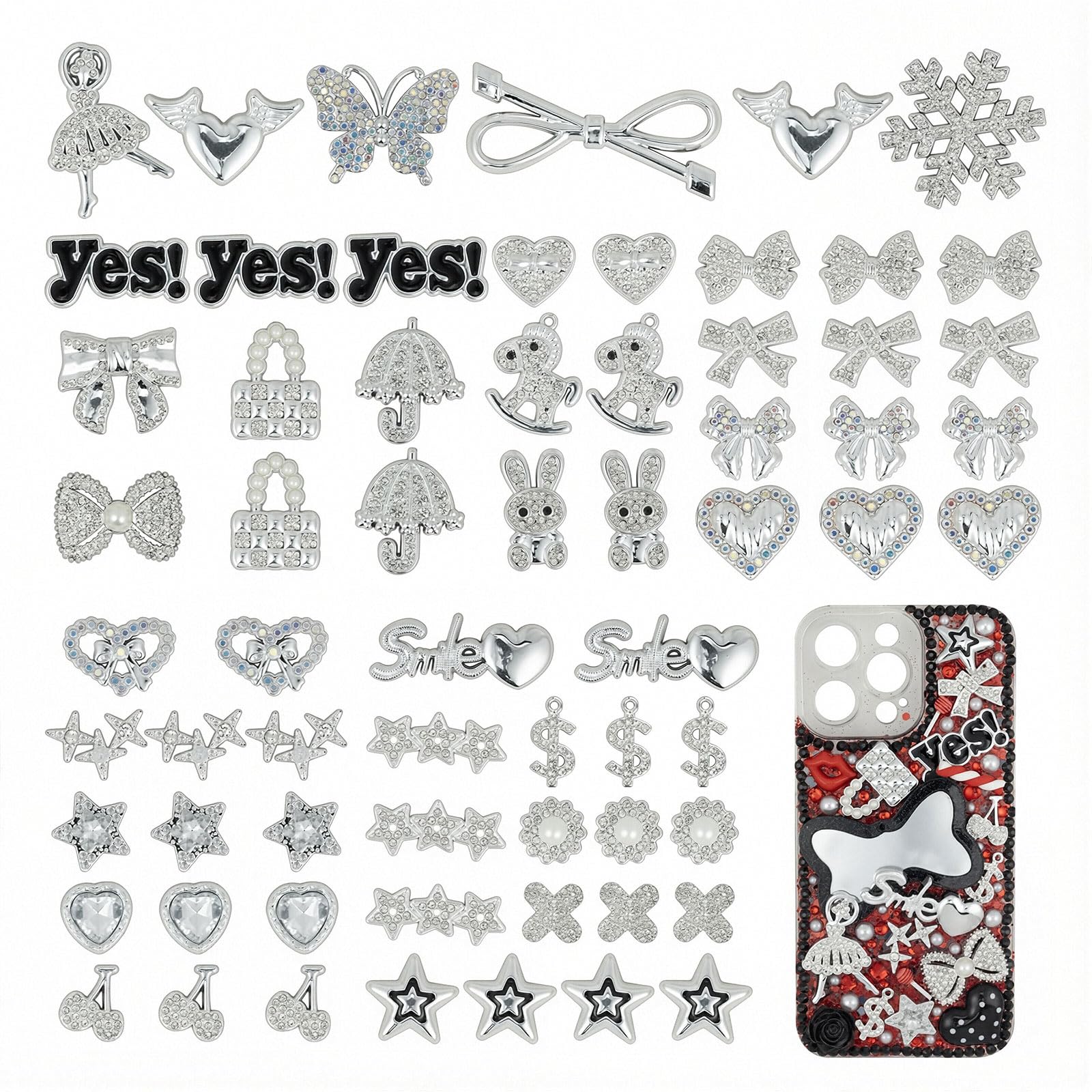 VelvetGlow 80 Pieces Large Junk Charms Bulk, Bling Flat Back Charms for Junk Socks, Silver Rhinestone Charm for Socks, Hearts, Bows, Stars, Rabbits and More Cute DIY Decorations