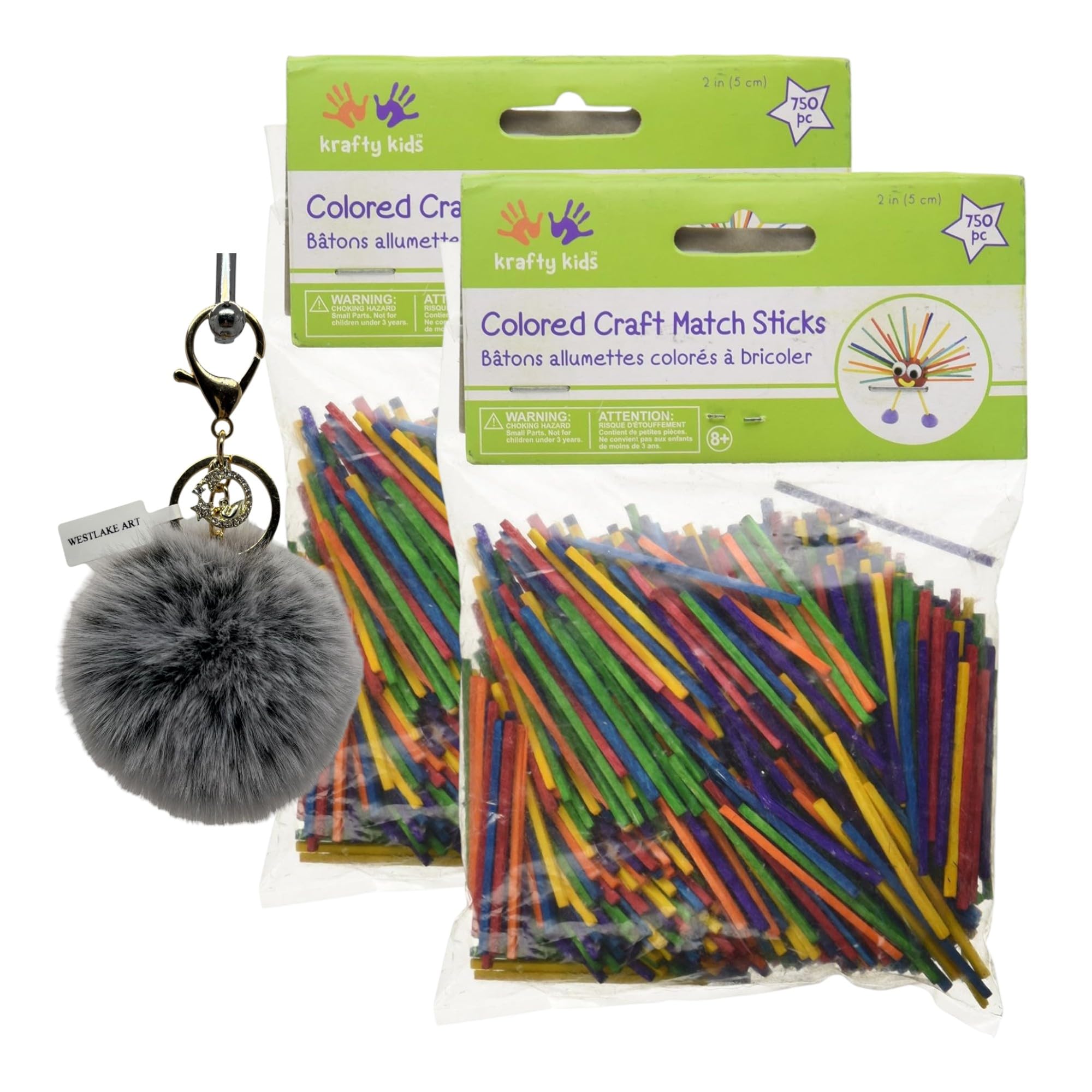 westlake art Mini Craft Sticks, Assorted Colored Matches, 2-Inch Wooden Match Sticks for DIY Projects, Craft Match Sticks Pack of 750 with Pompom Balls Fluffy Keychain [Pack of 2]