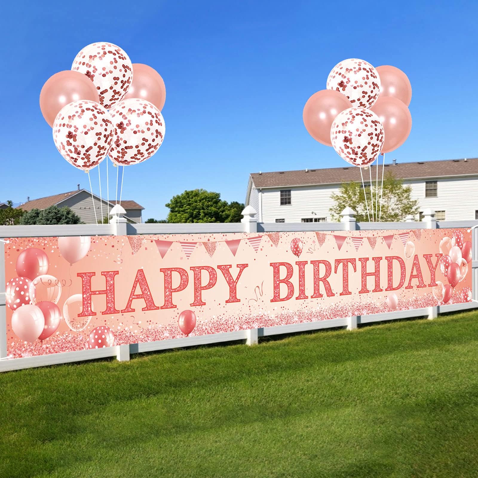 Large Birthday Banner,GRESATEK Rose Gold Happy Birthday Backdrop Banner Including 10 Balloons Sign Poster Background for Boys Girls Birthday Decorations,9.8x1.6 Feet