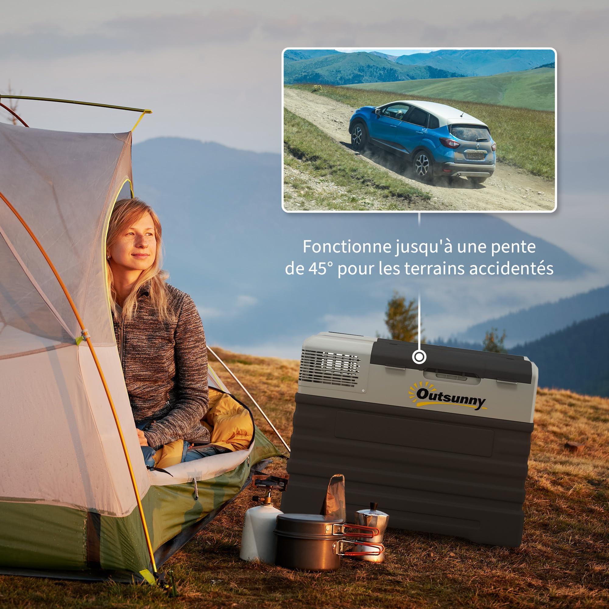Outsunny Glacière électrique à compression 56L, glacière voiture portable 12/24V et 100V-240V, modes ECO/MAX, tige télescopique et roulettes, pour maison, camion, camping, camionnette, bateau, noir