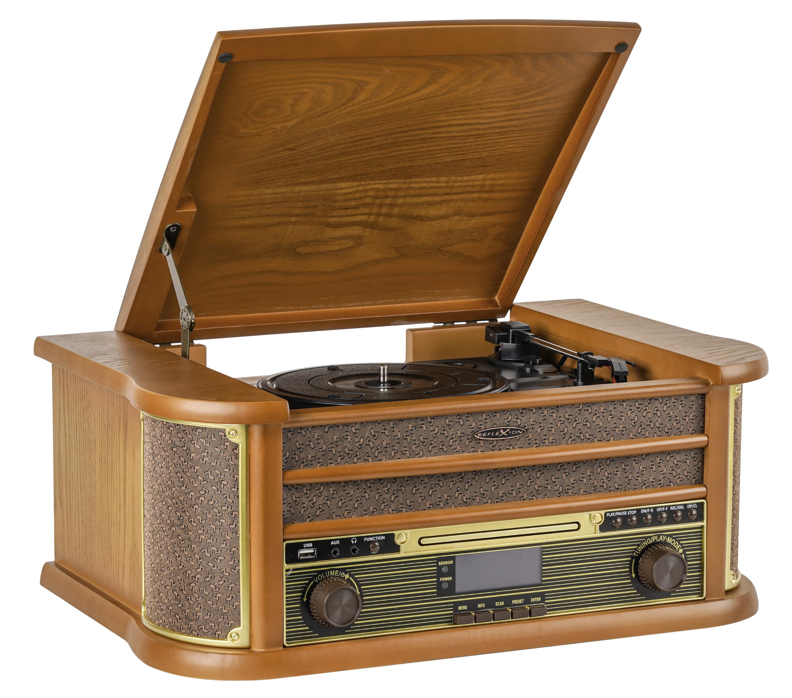 Reflexion HIF2002 Système stéréo rétro avec Platine Disque, Cassette, Lecteur CD et Radio Dab, Dab+, FM/MW, MP3, USB, écran LCD, télécommande, 80 W, boîtier en Bois véritable, Marron