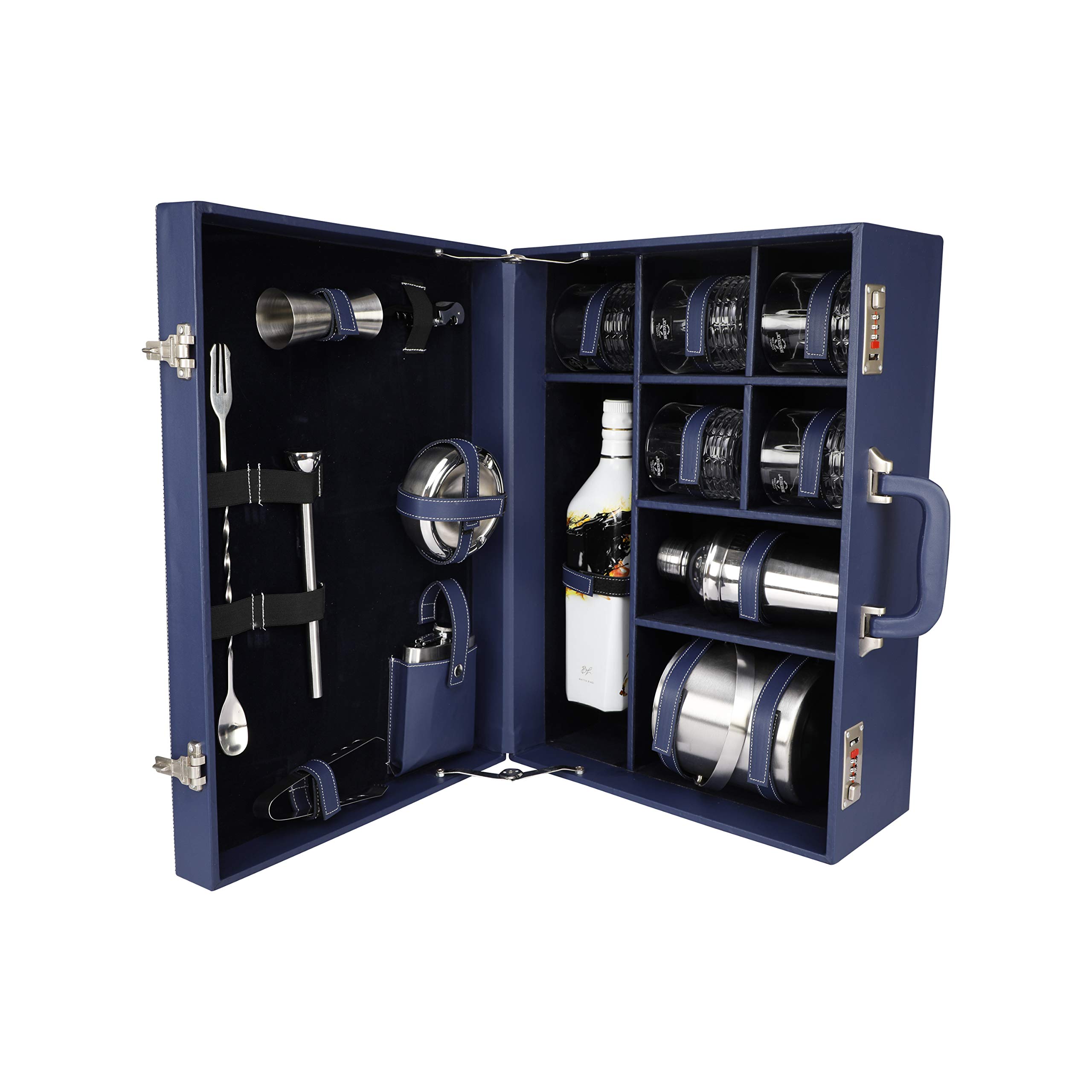 Anything & Everything Bar Sets | Portable Leatherette Bar Set | Wine Case | Whisky Case | Wooden Bar Set for Picnic | Portable Bar Accessories Set (Holds 01 Bottle & 05 Whisky Glasses) (Blue & Blue)