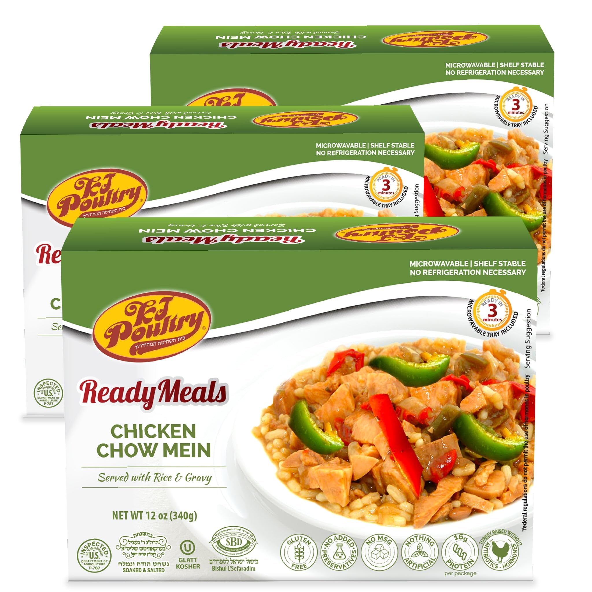 KJ Poultry Kosher Ready Meals - Chicken Chow Mein, MRE Meat Meals Ready to Eat, Gluten Free, Halal, (3 Pack) Prepared Entree Fully Cooked, Shelf Stable Microwave Dinner Travel Military Camping
