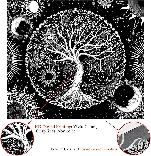 Miniatura 6 de AACKart Tapiz de árbol de la vida para dormitorio, decoración estética de habitación, tapiz blanco y negro, tapiz de sol y luna, tapiz espiritual,