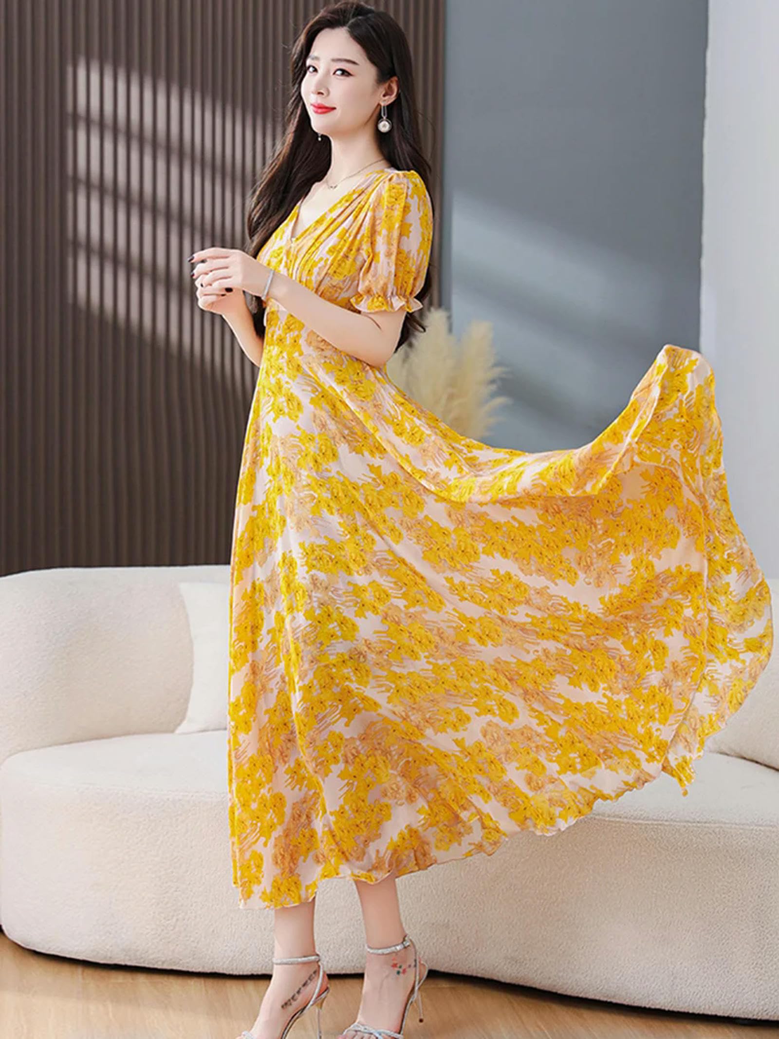 Juketron Women Clothing Yellow Floral Chiffon Dress Maxi 2024 Fashion Prom  Beach Casual Summer Elegant Party Evening Long Dresses For : Amazon.co.uk:  Fashion