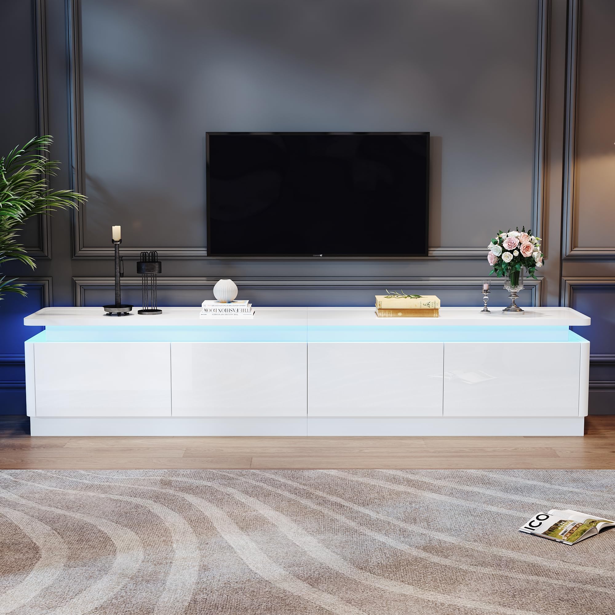Armadio per TV con 4 cassetti, 180 x 34 x 40 cm, con LED, lucido e tavolo per TV, adatto per TV da 80 pollici (bianco)