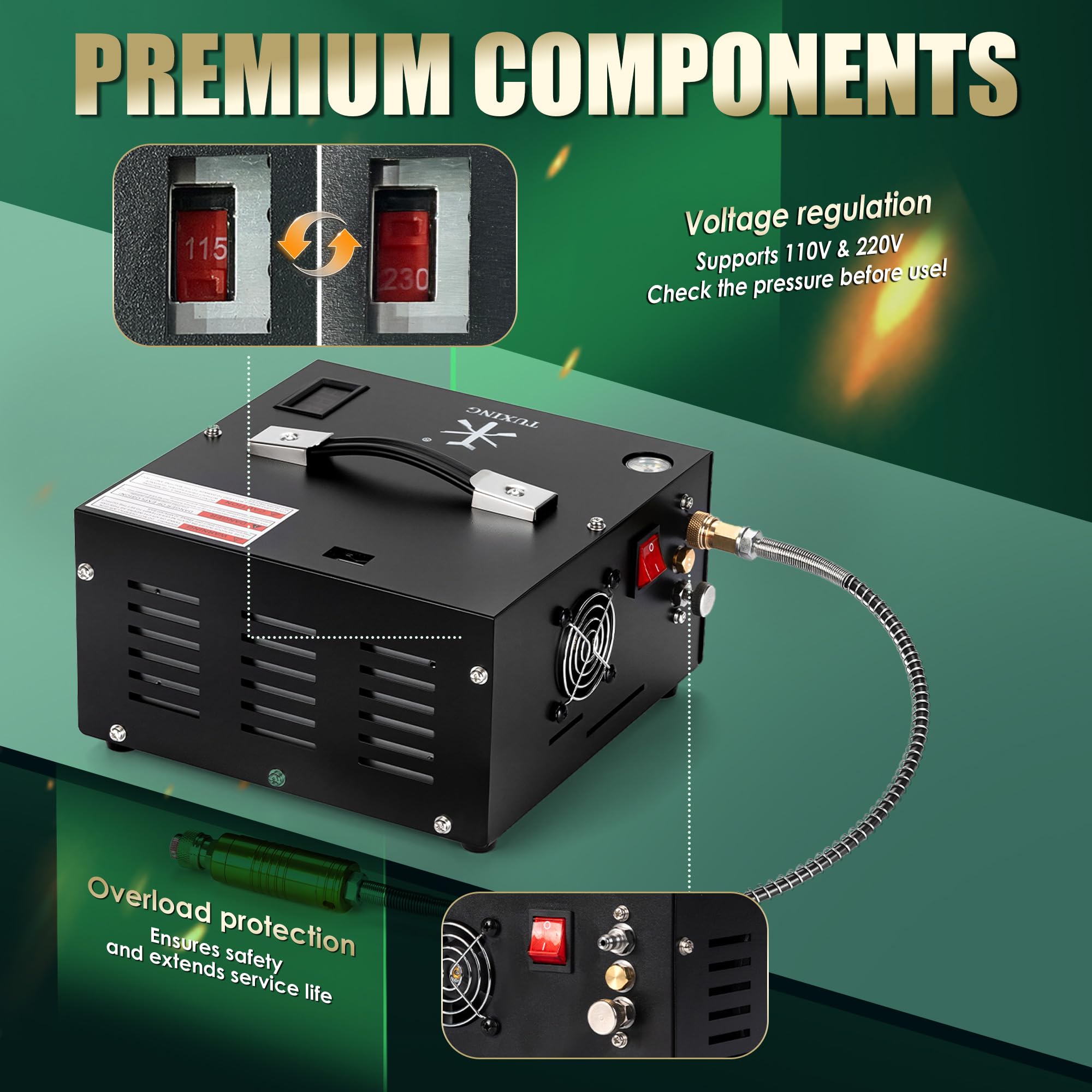 TUXING 4500Psi Pcp Compresor de Aire,Convertidor de potencia incorporado,Gran separador de agua y aceite,Arranque con un botón,Alimentado por 220v Ac o 12v Dc,Disco de explosión para Paintball/Scuba