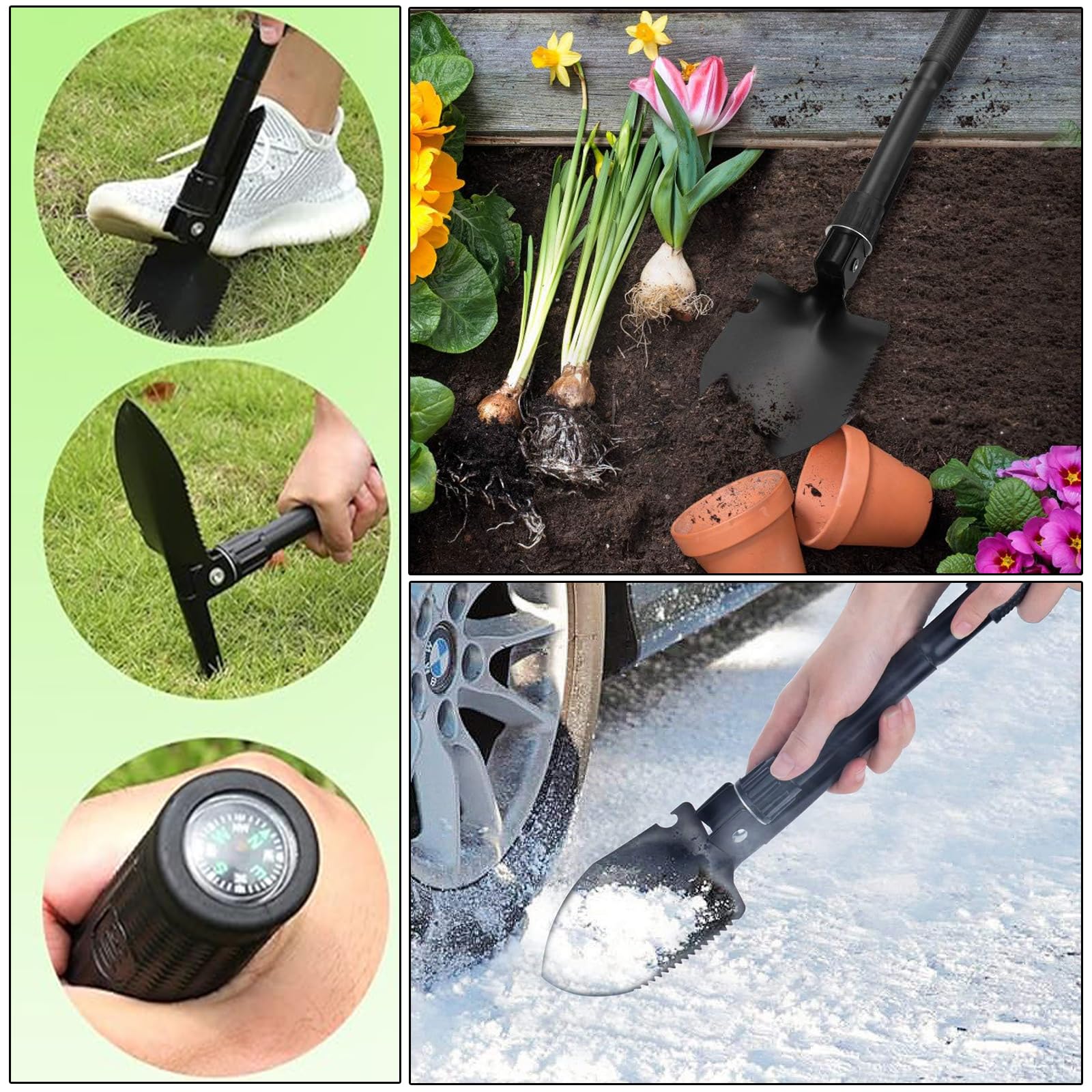 4-In-1 Multifunktions Klappschaufel, Klappbare Spaten Garten 42cm, Schwarz Klappspaten Mini, Multifunktionaler Camping Klappspaten, Für Wandern,Camping, Jagen, Garten, Schneeschaufeln, (Schwarz).