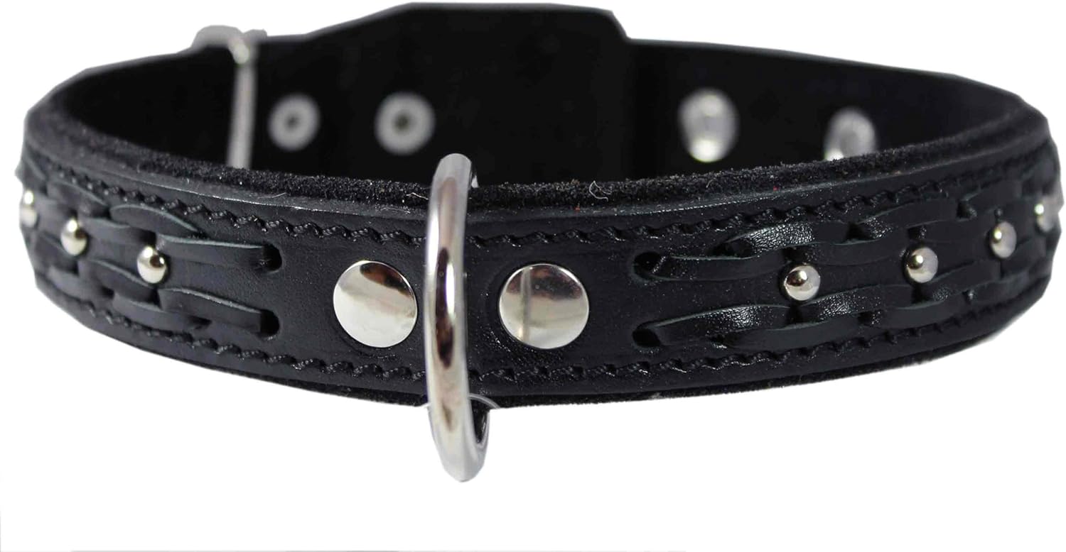 Dogs My Love Genuine Leather Braided Studded Dog Collar, Black 1.25" Wide. Fits 16"-20.5" Neck.