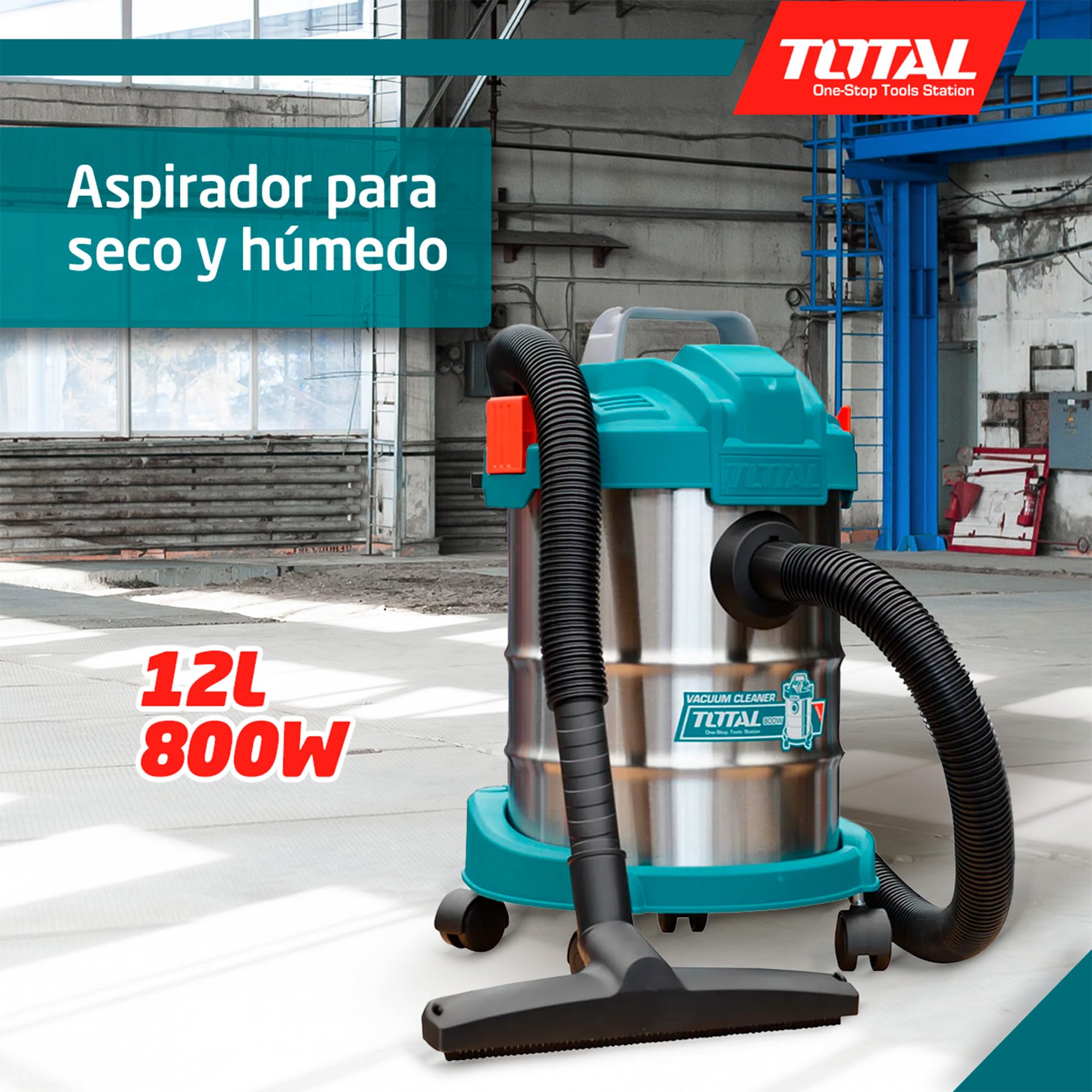 Total - Aspirador | Limpieza Profunda en Seco y Húmedo | Alta Potencia: 800W | Compacto y Fácil de Manejar | Capacidad de 12L | Incluye Tubo Desmontable y 2 Cabezales | 31 x 31 x 43