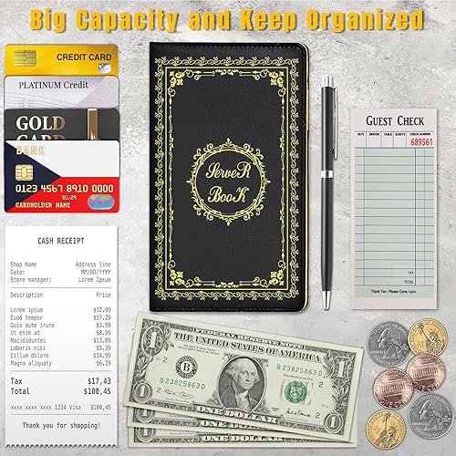 Miniatura 5 de Libretas para camarera, organizador con bolsillo con cremallera, lindo libro de servidor, cartera de cuero para camarero, folleto de chequera,
