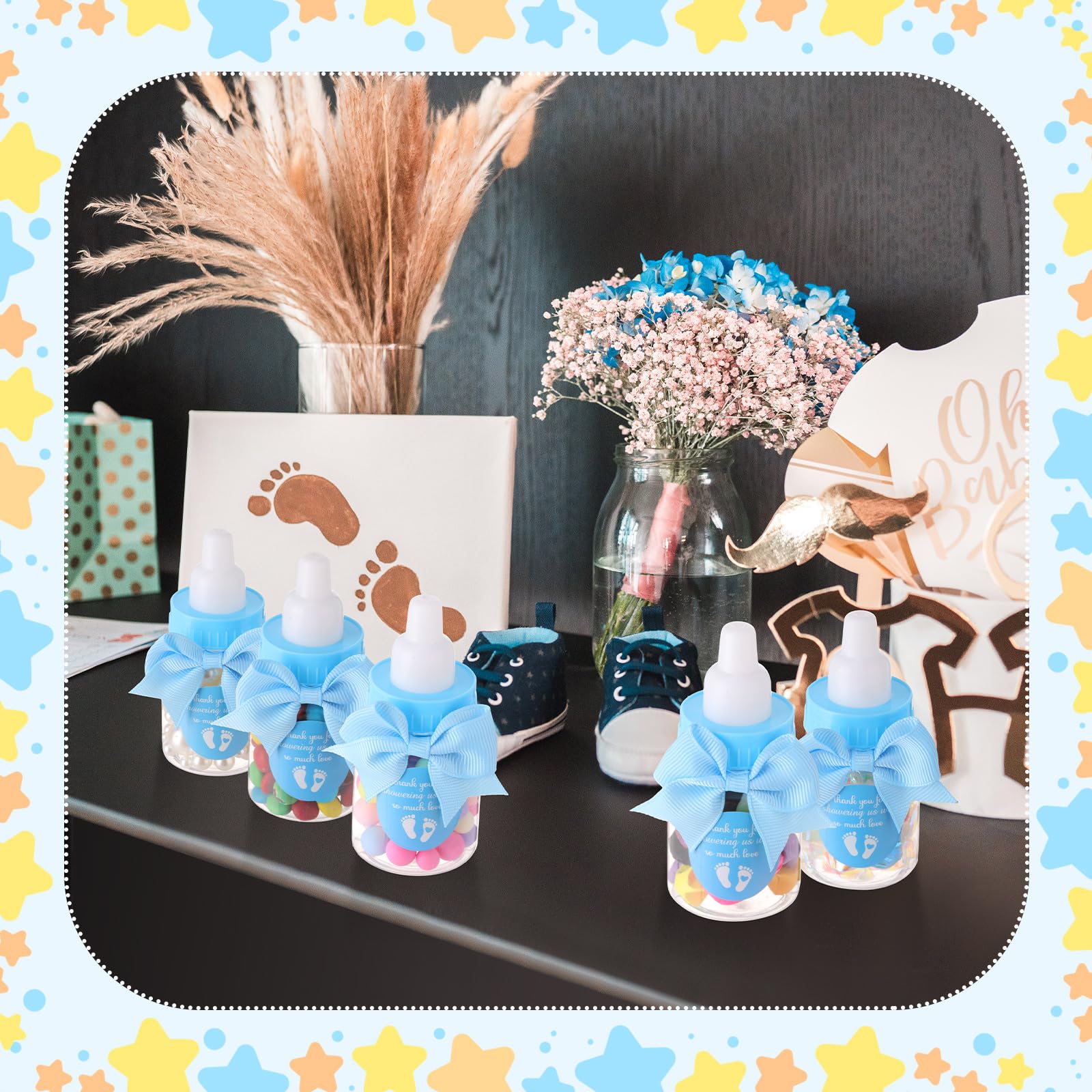 Teenyyou 48 juegos de mini biberones azules de 3.5 pulgadas para baby shower, fiesta, juego, botellas de leche de plástico con calcomanías de agradecimiento y lazos, regalos de agradecimiento para