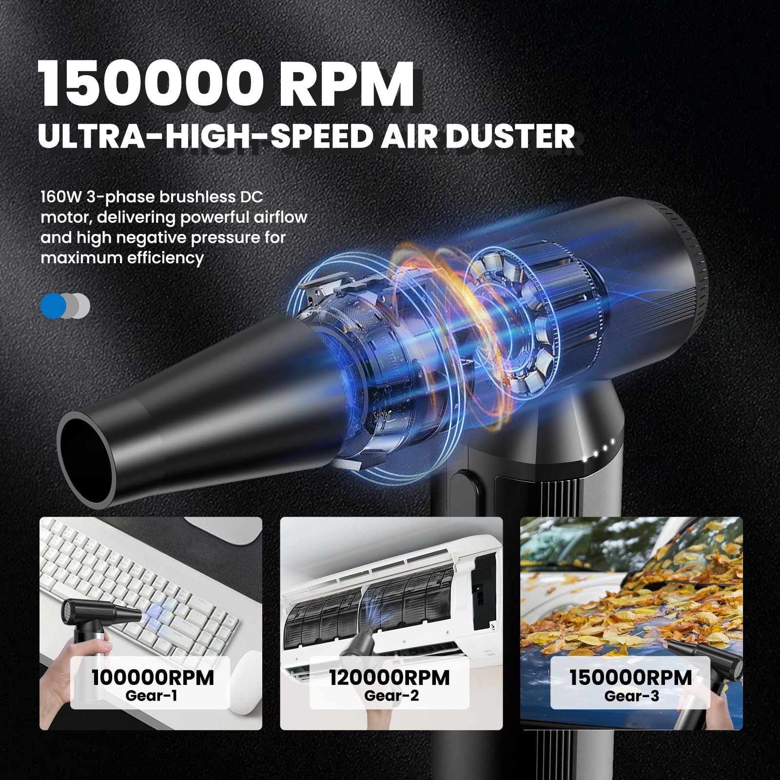 VEIOK Compressed Air Duster, Full-Metal 150000 RPM Electric Air Dust Blower for PC 3 Speeds Air Duster Compressed Air - Image 2