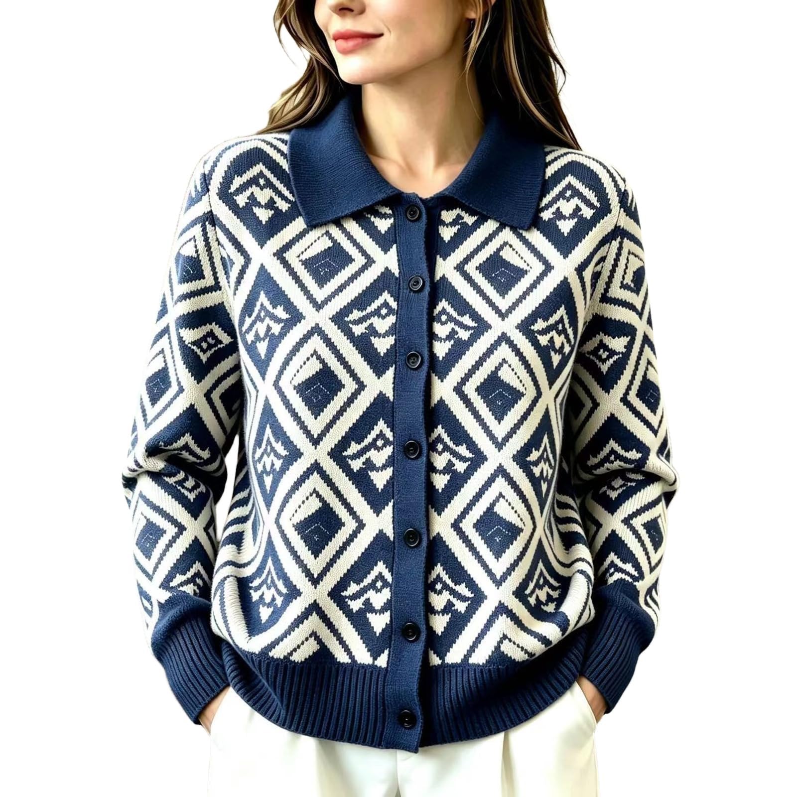 Cardigan da donna con colletto, motivo geometrico, abbottonatura, maniche lunghe, casual, invernale, corto, lavorato a maglia grossa