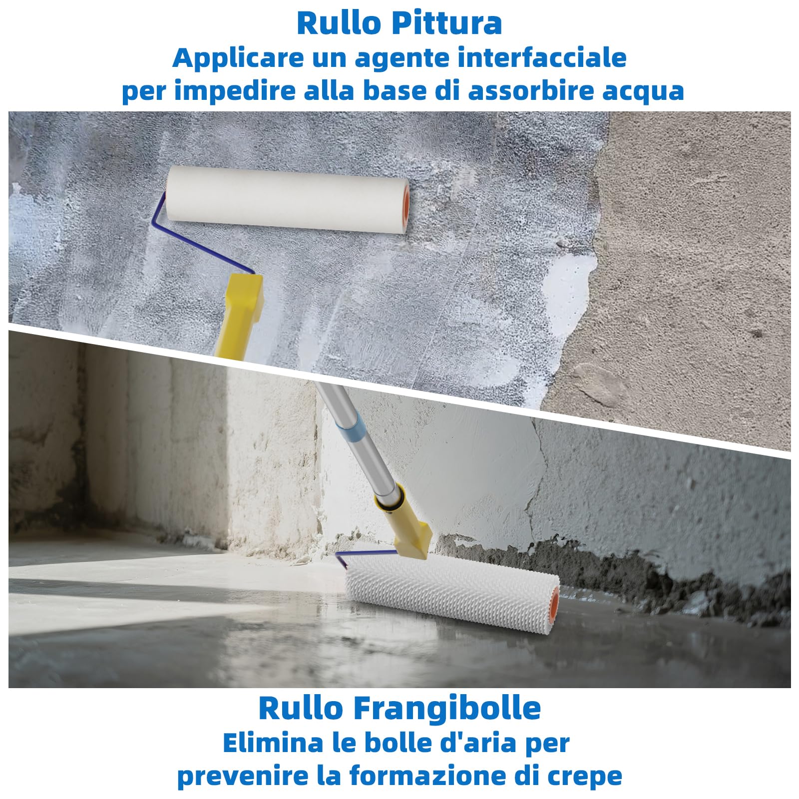 VKE Rullo Frangibolle per Autolivellante 23 cm - Lunghezza Chiodi 14 mm, Rullo di Sfiato, 2 Rullo Pittura 23 cm, Asta Telescopica 1,5 m, Scarpe Chiodate per Prato 30 mm,Autolivellante-Solo 1 Maniglia