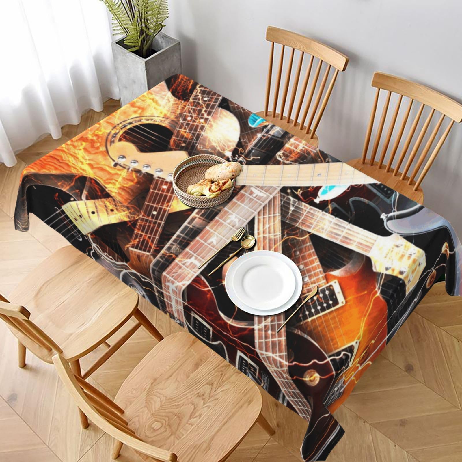 BNVSADC Magic Electric Guitar Music Printed Rectangle Tablecloth 228x152 CM, Water Resistant Polyester Table Cloth Decorative Fabric Table Covers for Kitchen Dining Table Parties Camping