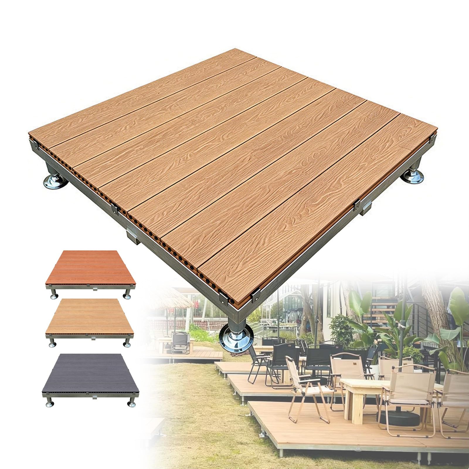 84x84cm Piastrelle Da Terrazze In WPC Piattaforma Rialzata Modulare Esterno | Altezza Regolabile, Patio Piattaforma In Composito Con Telaio Metallico Per Campeggio Giardino Cortile(Light brown)