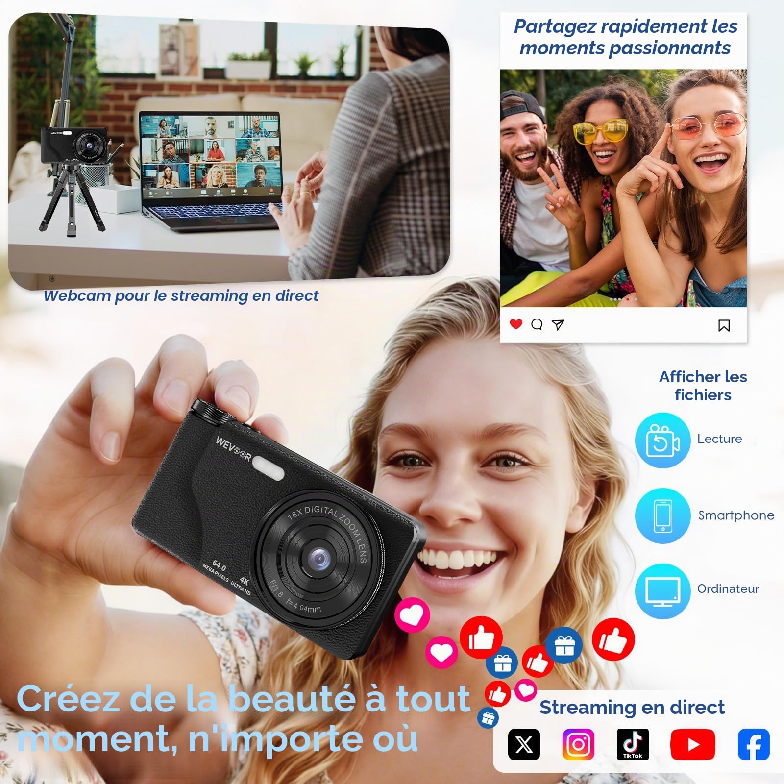 Appareil Photo Numérique 4K 64MP Wevoor Compact 32GB Écran Rabattable 180° 18x Zoom Numérique 2000mAh Batterie Noir