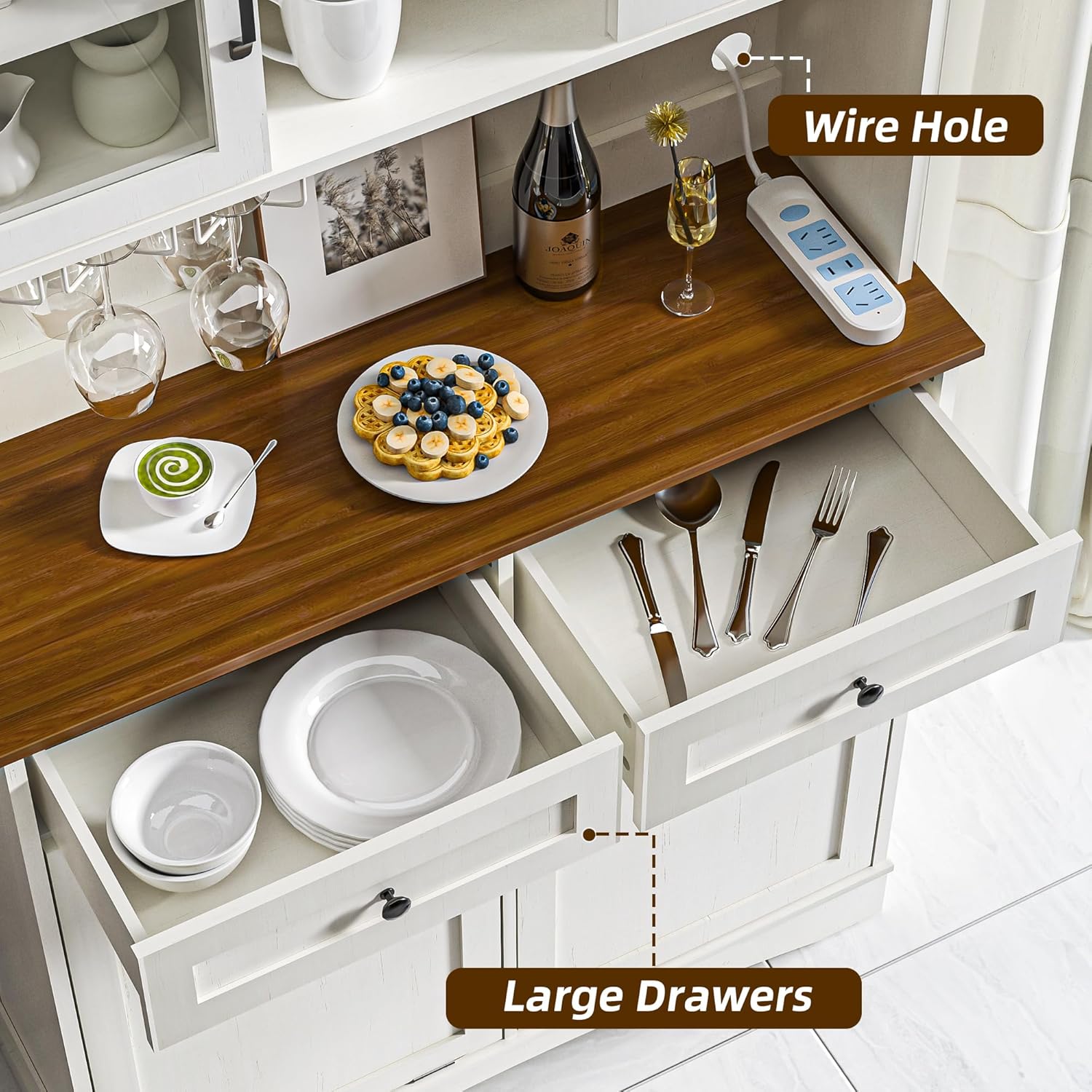 View of the large drawers and wire hole on the cabinet countertop