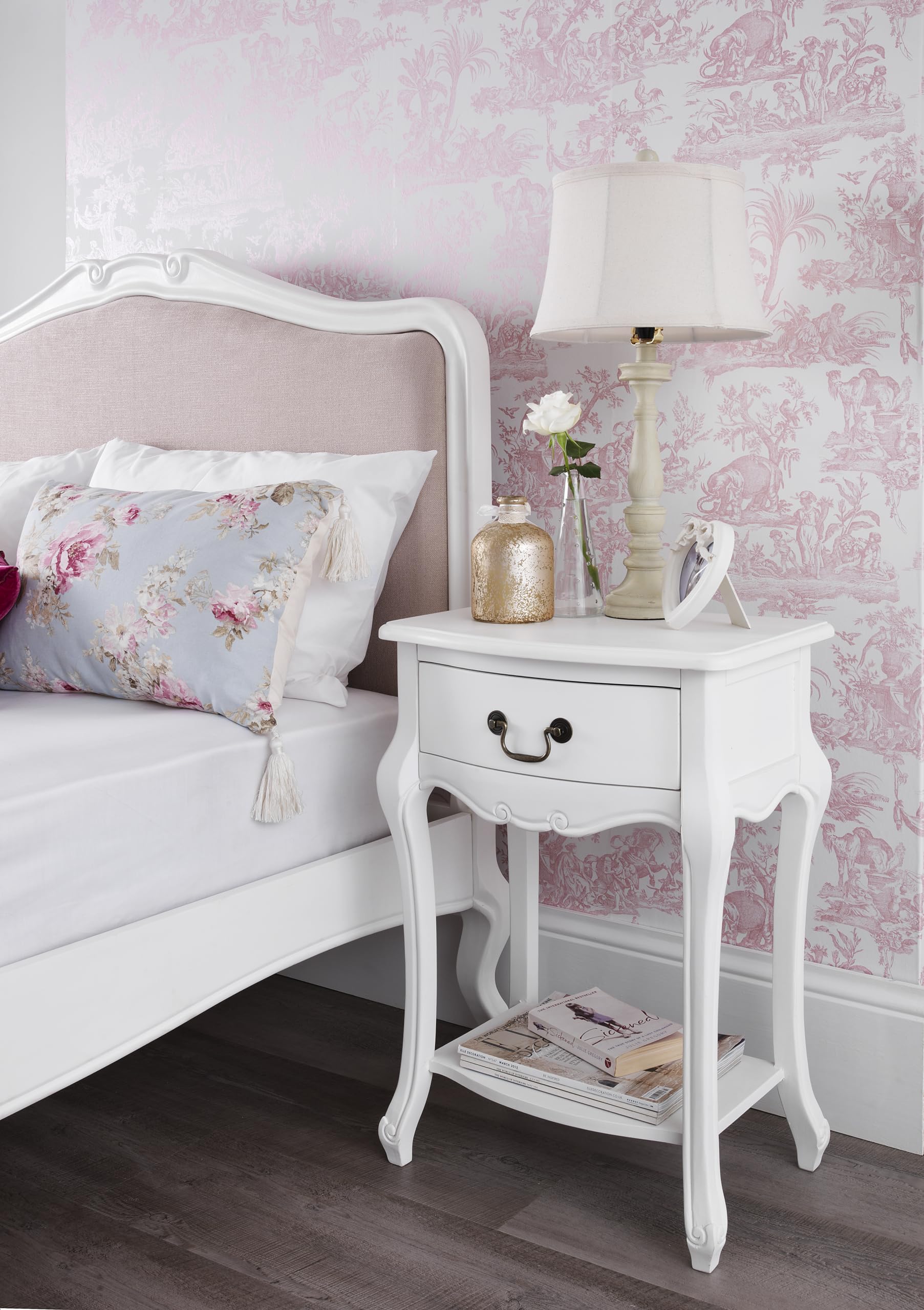 Statement Furniture Juliette Bedside Table | French Style 1 Drawer Nightstand with Hand-Carved Detail | White or Champagne Colour, Choice of Handles | Fully Assembled (White-Metal-Handles)