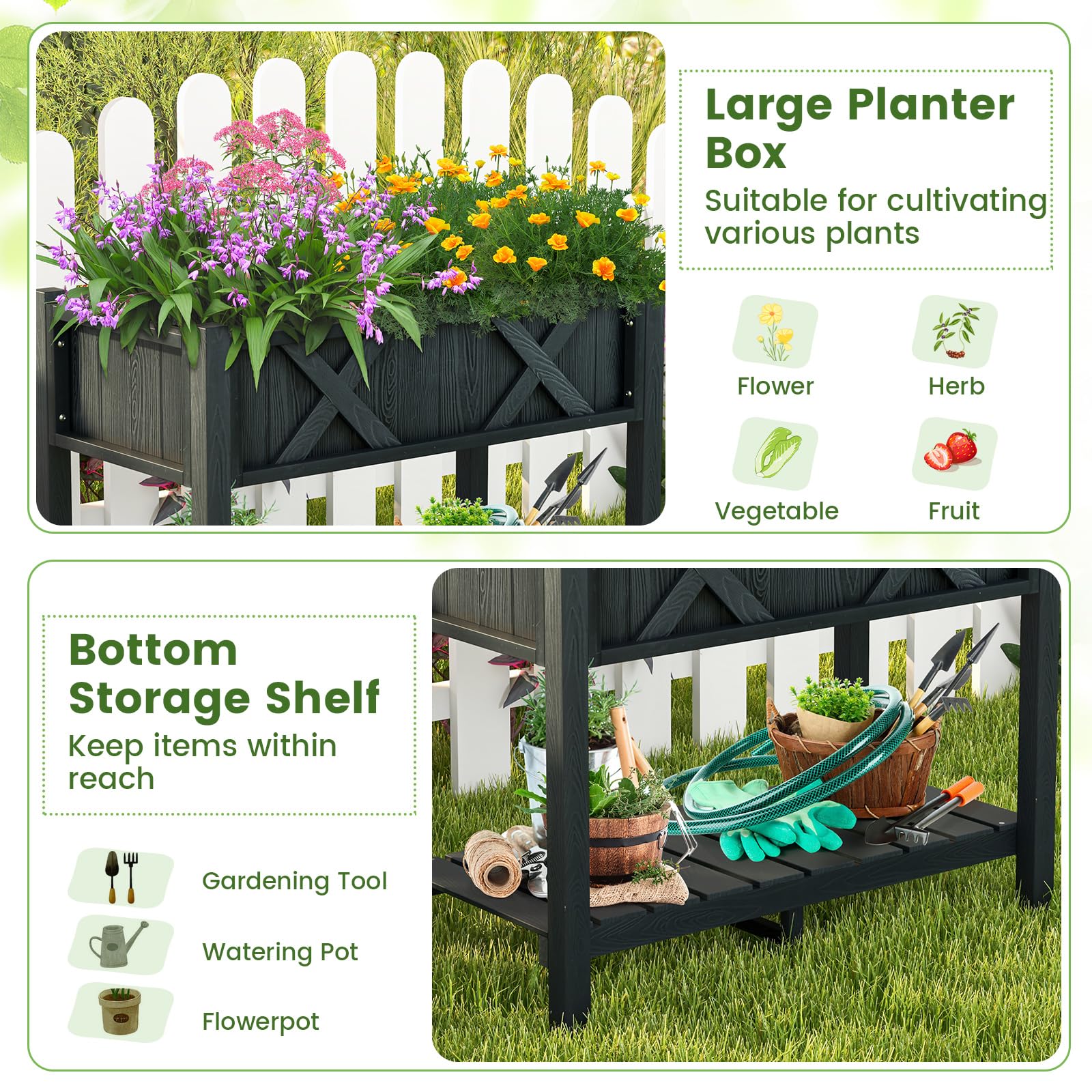 RELAX4LIFE Jardinera elevada con bandeja de almacenamiento y 12 agujeros de drenaje, jardinera con patas, jardinera para jardín, balcón, terraza, 86 x 45 x 73 cm, color negro, KX8556LWDE