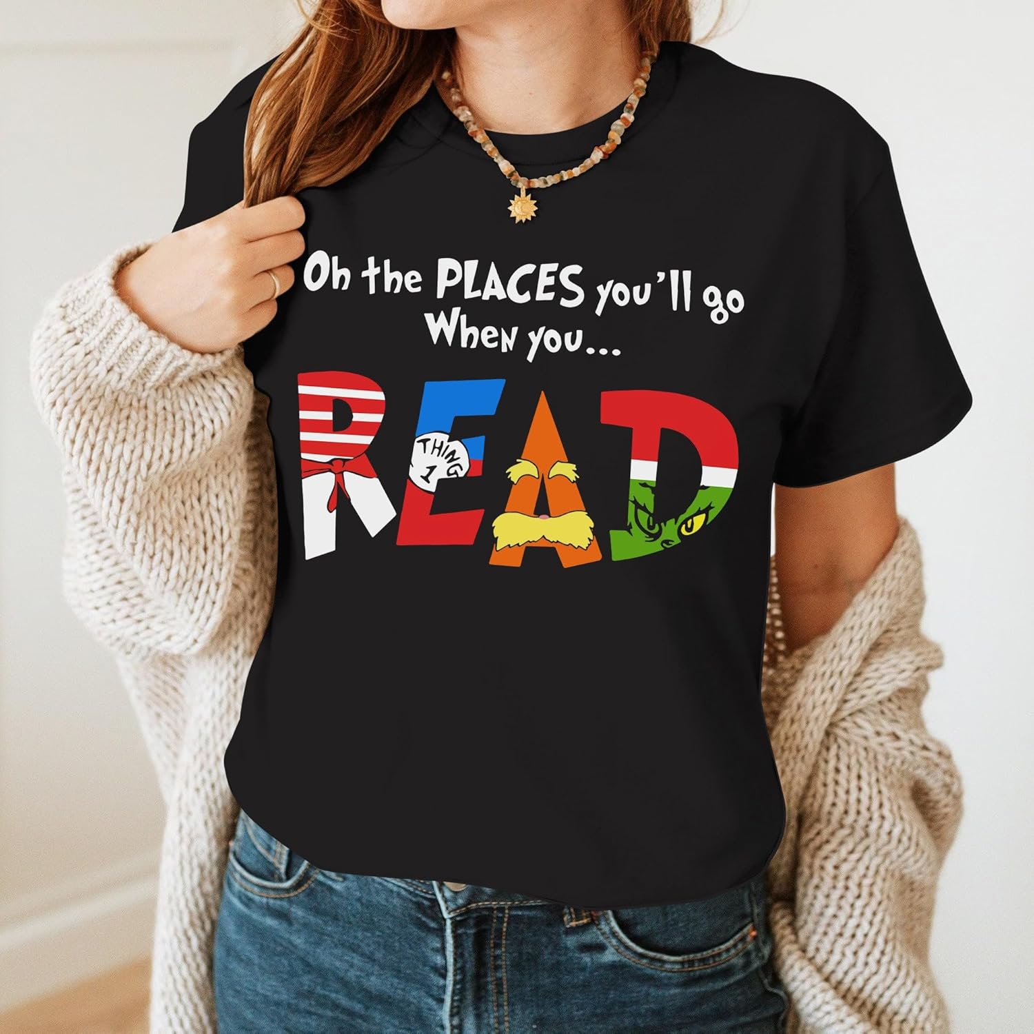The Places Reading Teacher Shirt - Read Across America Teacher Shirts - Read More Books Character Tshirt - Image 8