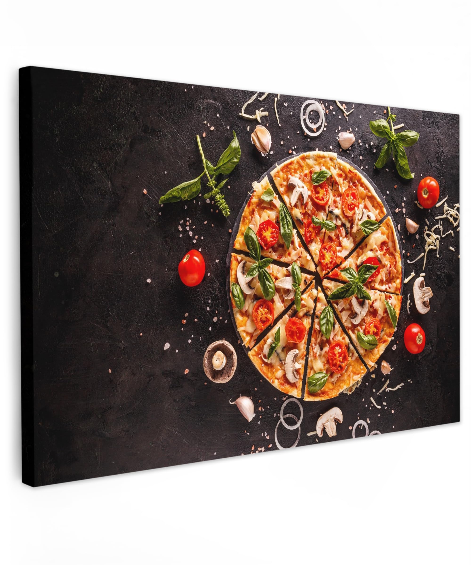 MuchoWow© Leinwandbild Groß 120x80 cm XXL Dekoration Wohnzimmer Bilder Pictures Wall Decoration Living Room Wohnungs Deko Moderne Bild Bild Küche - Pizza - Gemüse - Kräuter - Lebensmittel - Essen