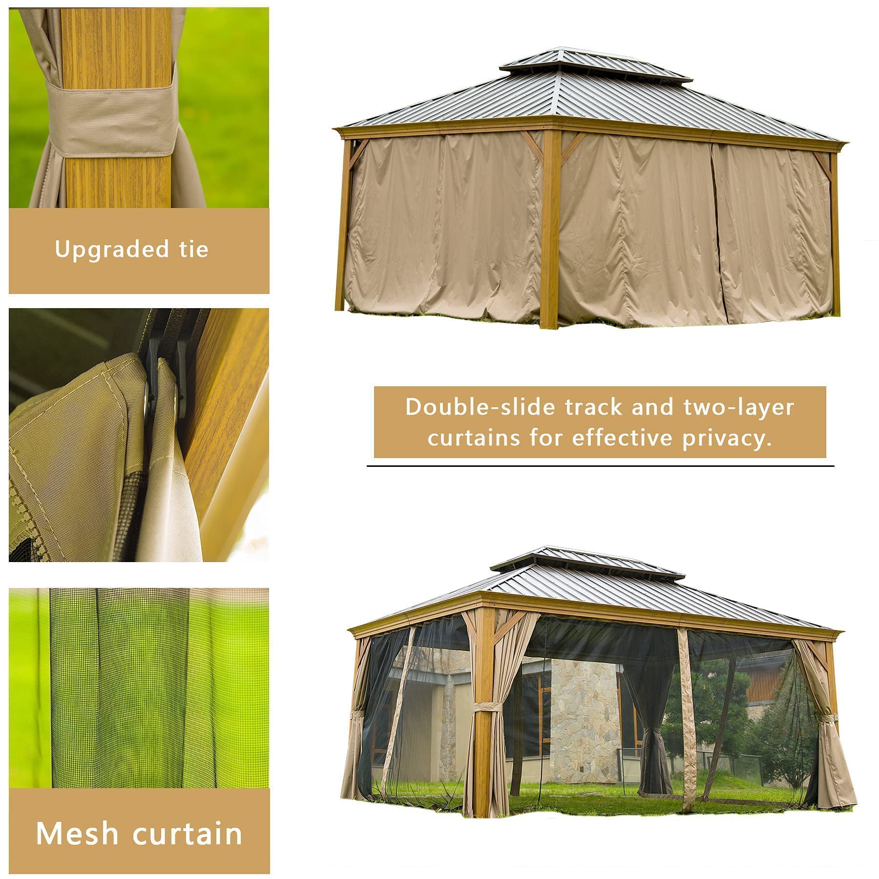 12’ x 16’ Hardtop Gazebo Outdoor Aluminum Wood Grain Gazebos with