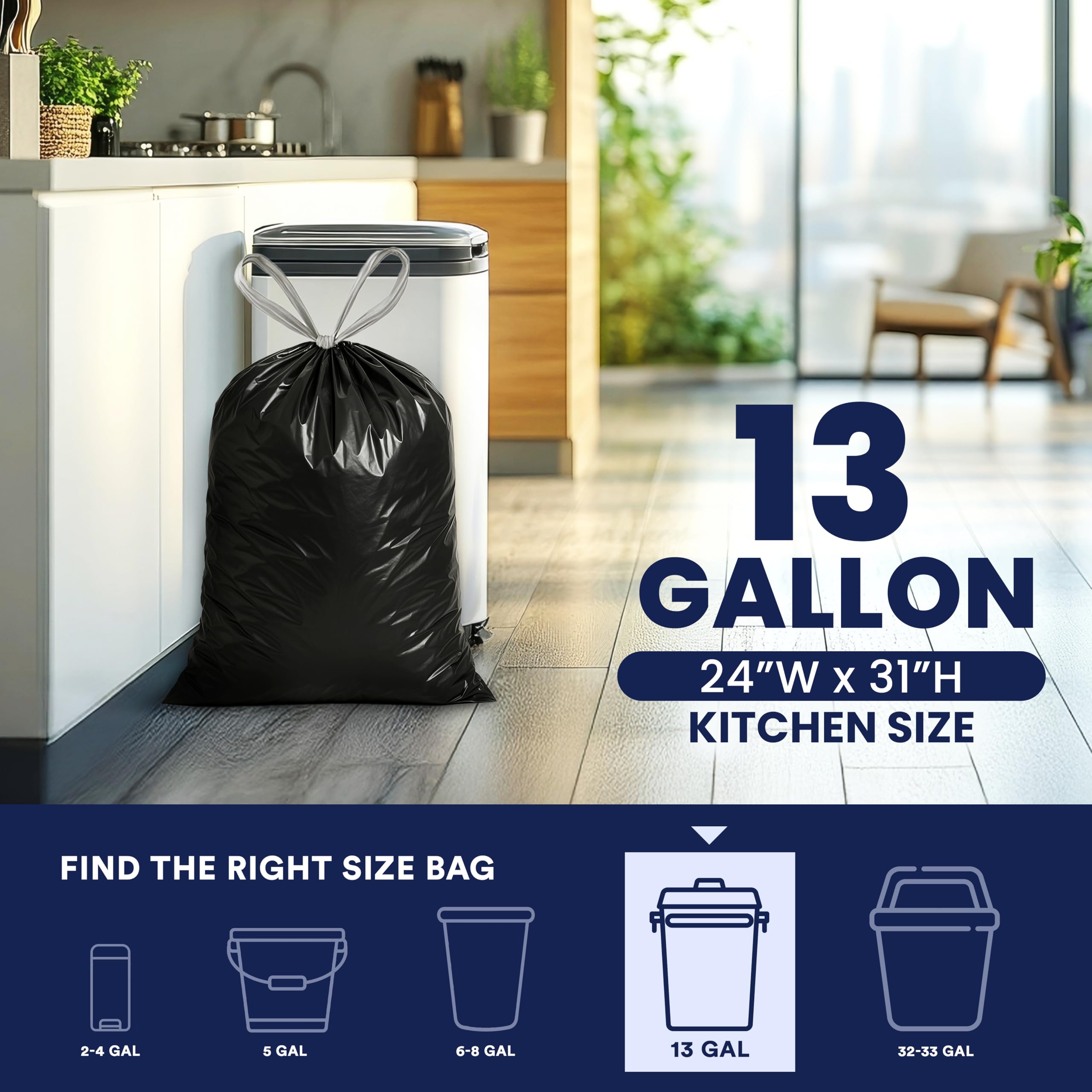 Plasticplace Bolsas de basura de cocina extra altas con cordón de 13 galones | Negro 1.2 mil, 24 pulgadas de ancho x 31 pulgadas de alto (200 unidades)