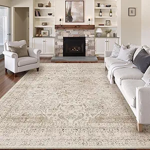 9x12 Beige Vintage Area Rug for Living Room Bedroom Large Traditional Low Pile Soft Carpet Non-Slip Thin Retro Distressed Accent Washable Throw Rug for Dining Room Office Kitchen Indoor